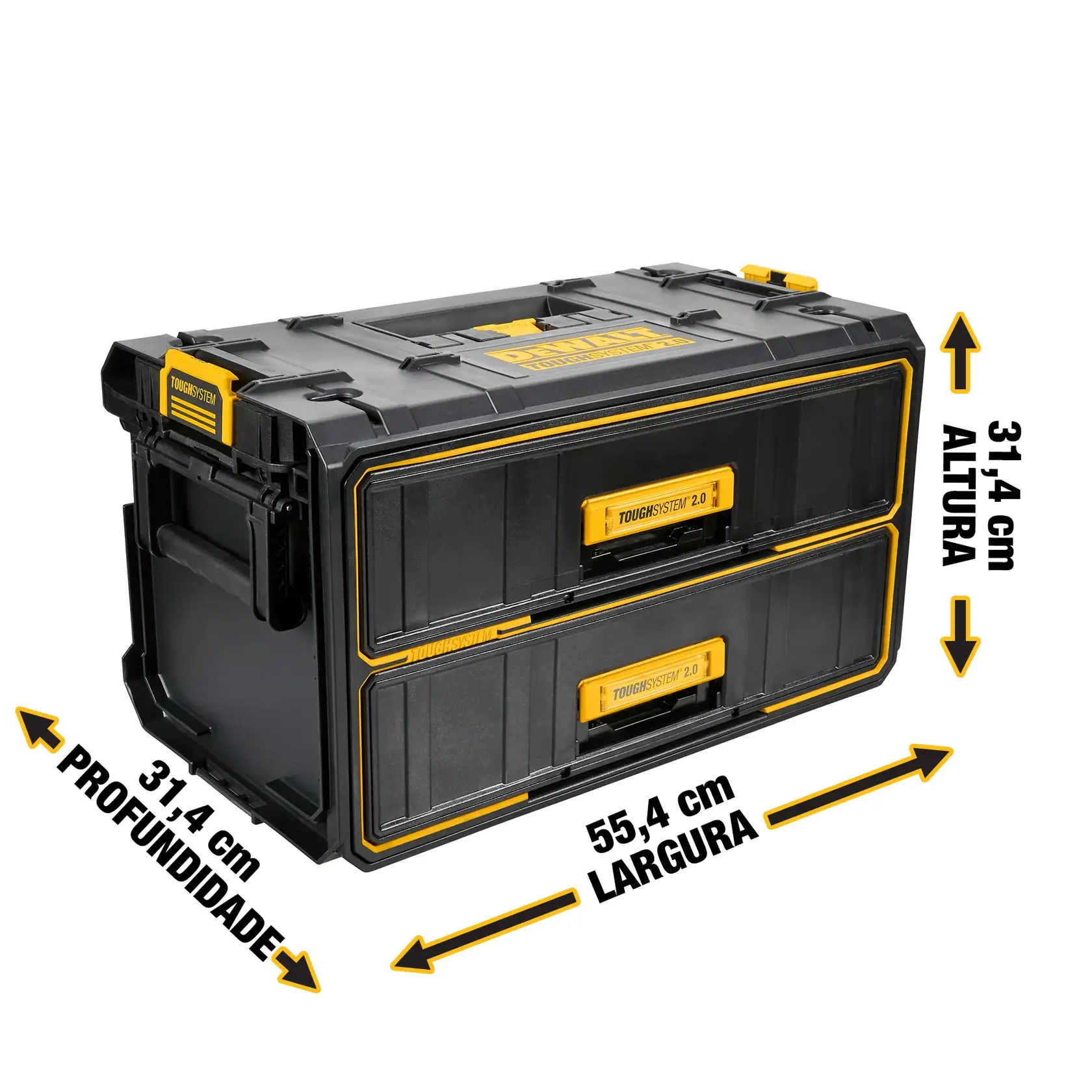 Gráfico promocional do DEWALT ToughSystem 2.0 com o slogan 'Storage Built to Handle It' em letras grandes e amarelas sobre um fundo escuro e texturizado.