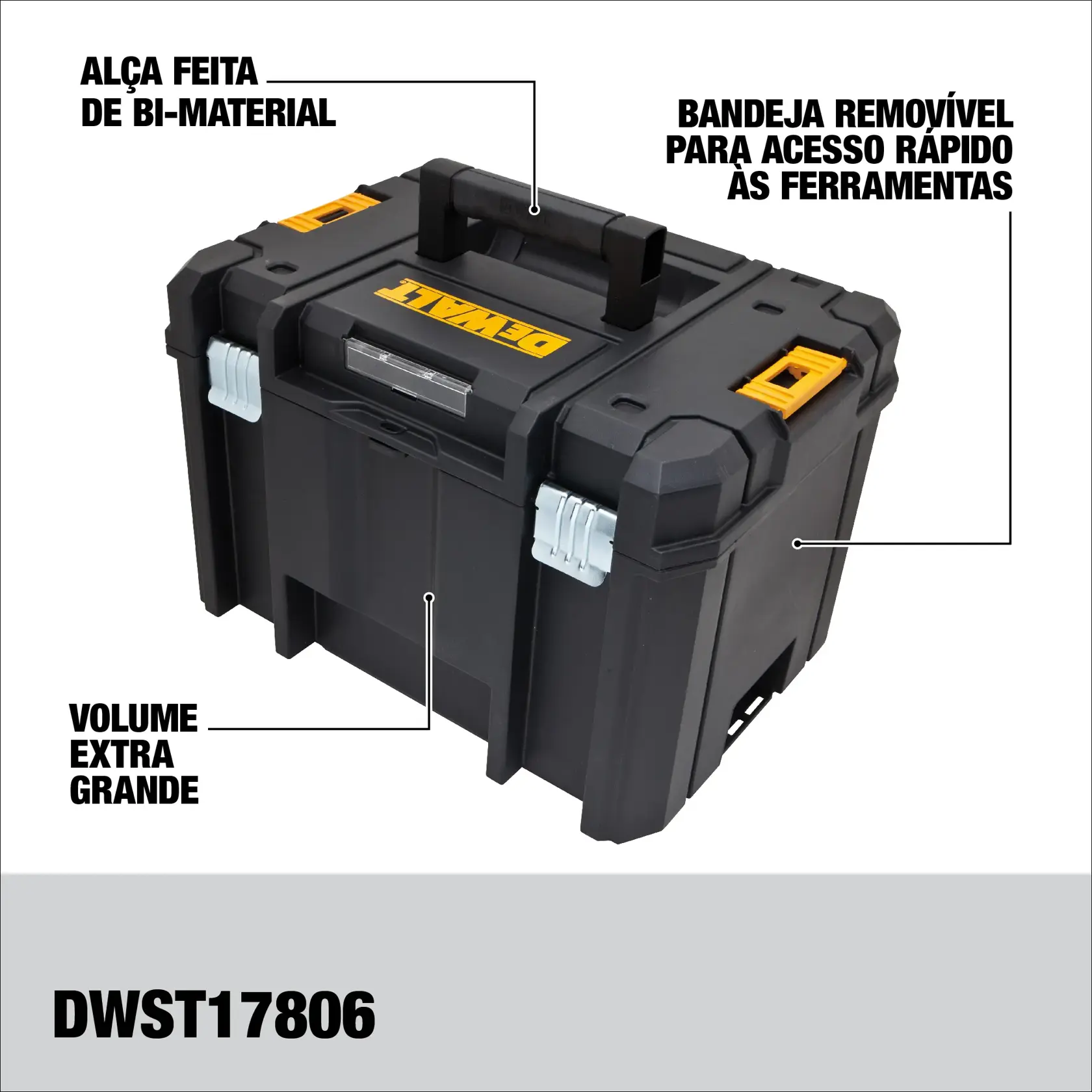 Se muestra una caja de herramientas negra DEWALT TSTAK con detalles amarillos. Sus características incluyen plataforma apilable, mango de dos materiales, volumen extra grande y pestillos metálicos delanteros resistentes. Los atributos clave del producto están resaltados con etiquetas.