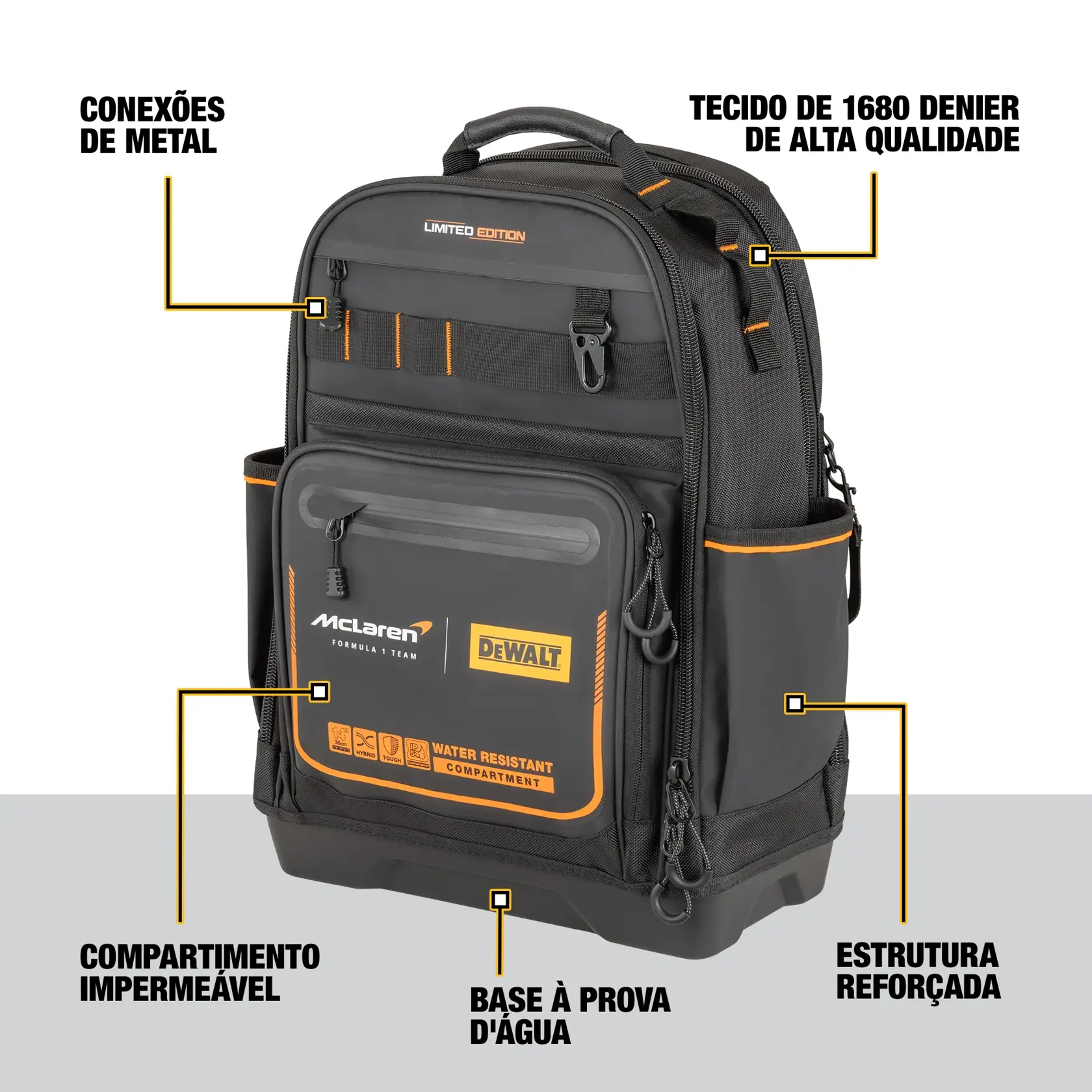 Mochila DEWALT McLaren com base à prova d'água, estrutura reforçada, conexões de metal e compartimento impermeável.
