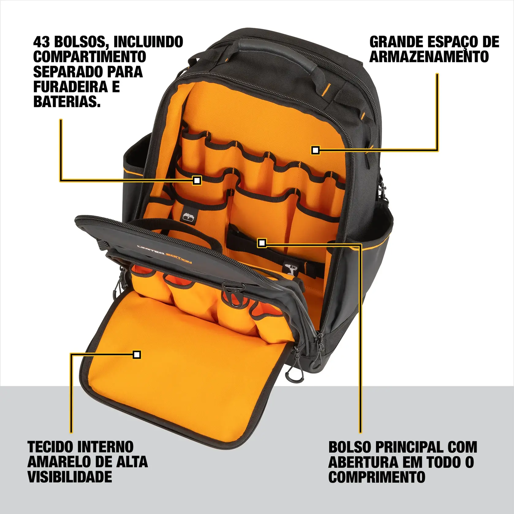 Mochila DEWALT com 43 bolsos, grande espaço, tecido amarelo, abertura total do bolso principal.