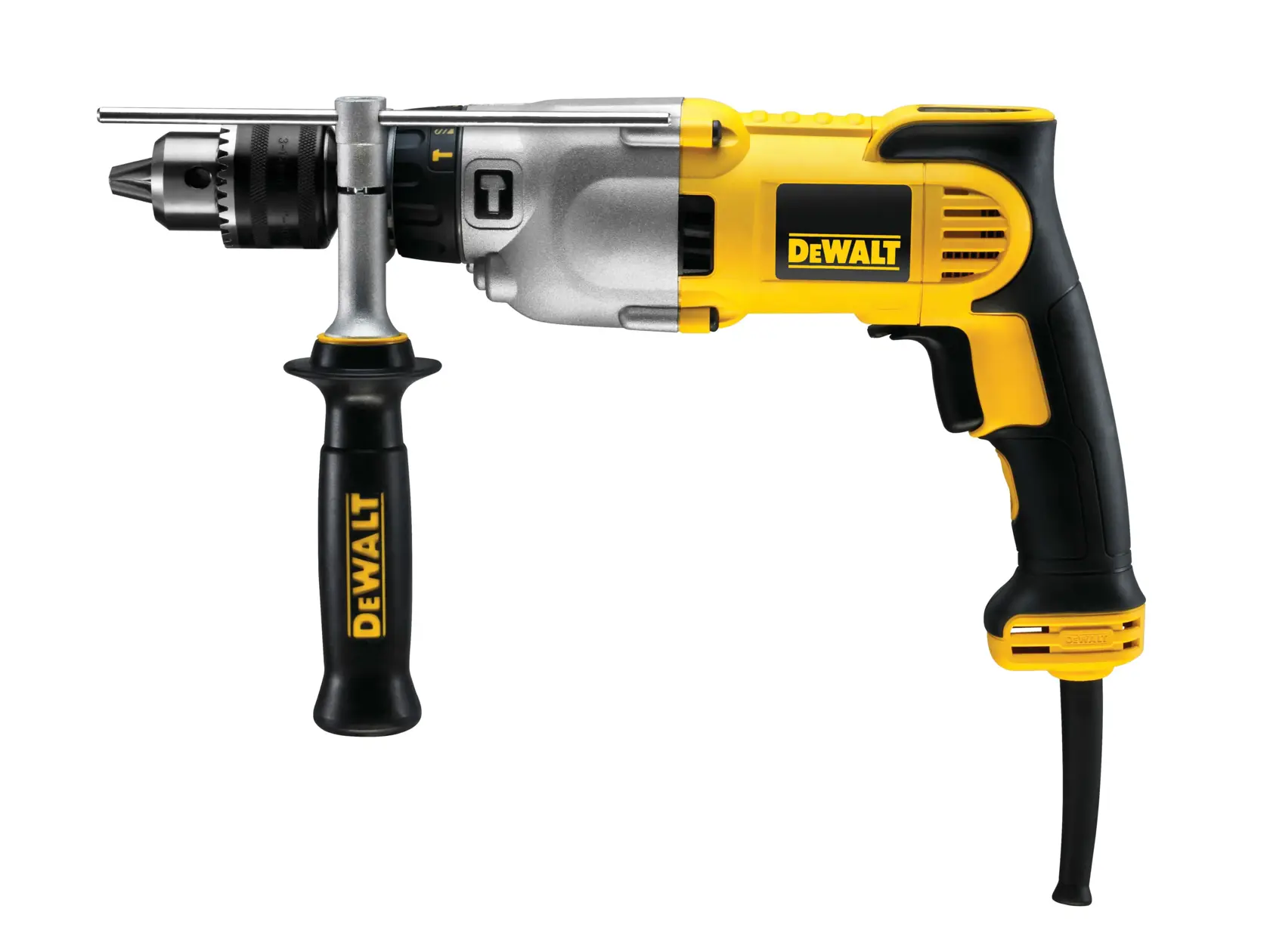 Uma furadeira elétrica DEWALT D21570K com cabo lateral e design amarelo e preto.