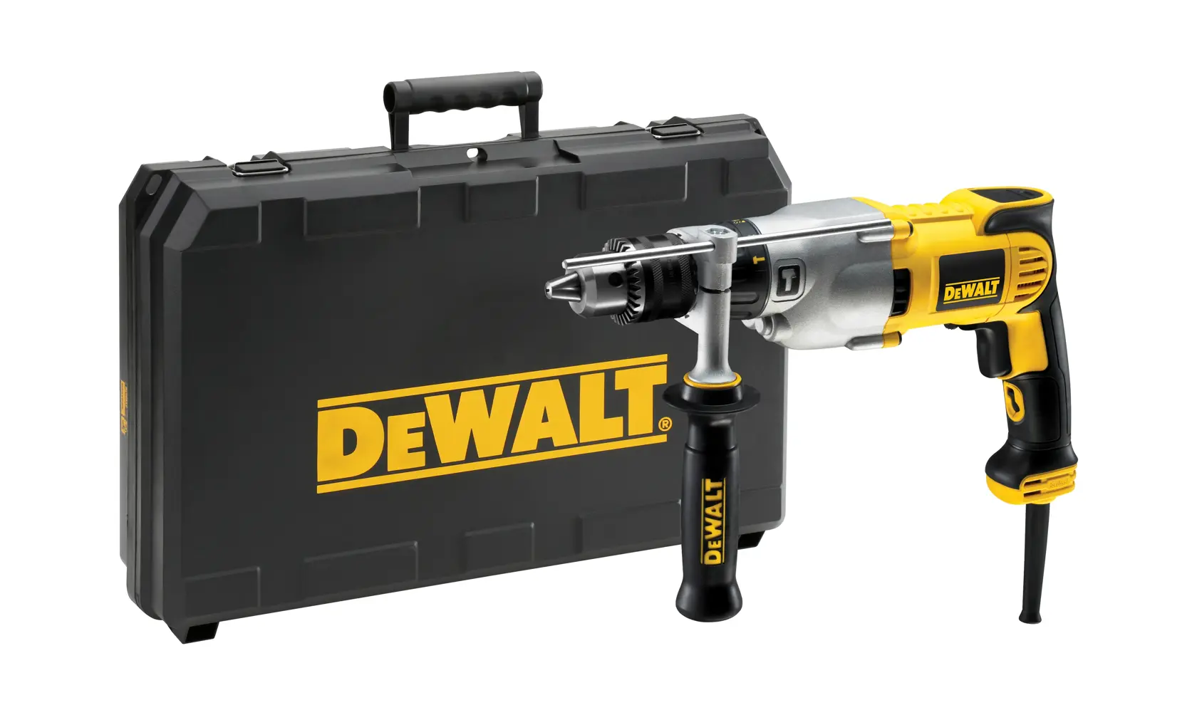 Furadeira DEWALT com cabo lateral, ao lado de mala preta com logo amarelo DEWALT.