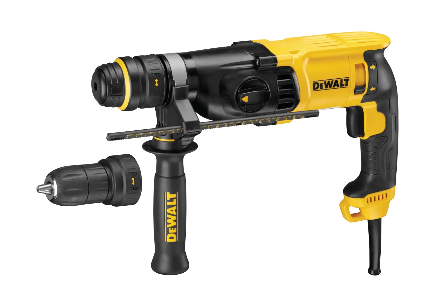 Um martelete rotativo DEWALT amarelo e preto com cabo lateral, barra de profundidade e mandril intercambiável.