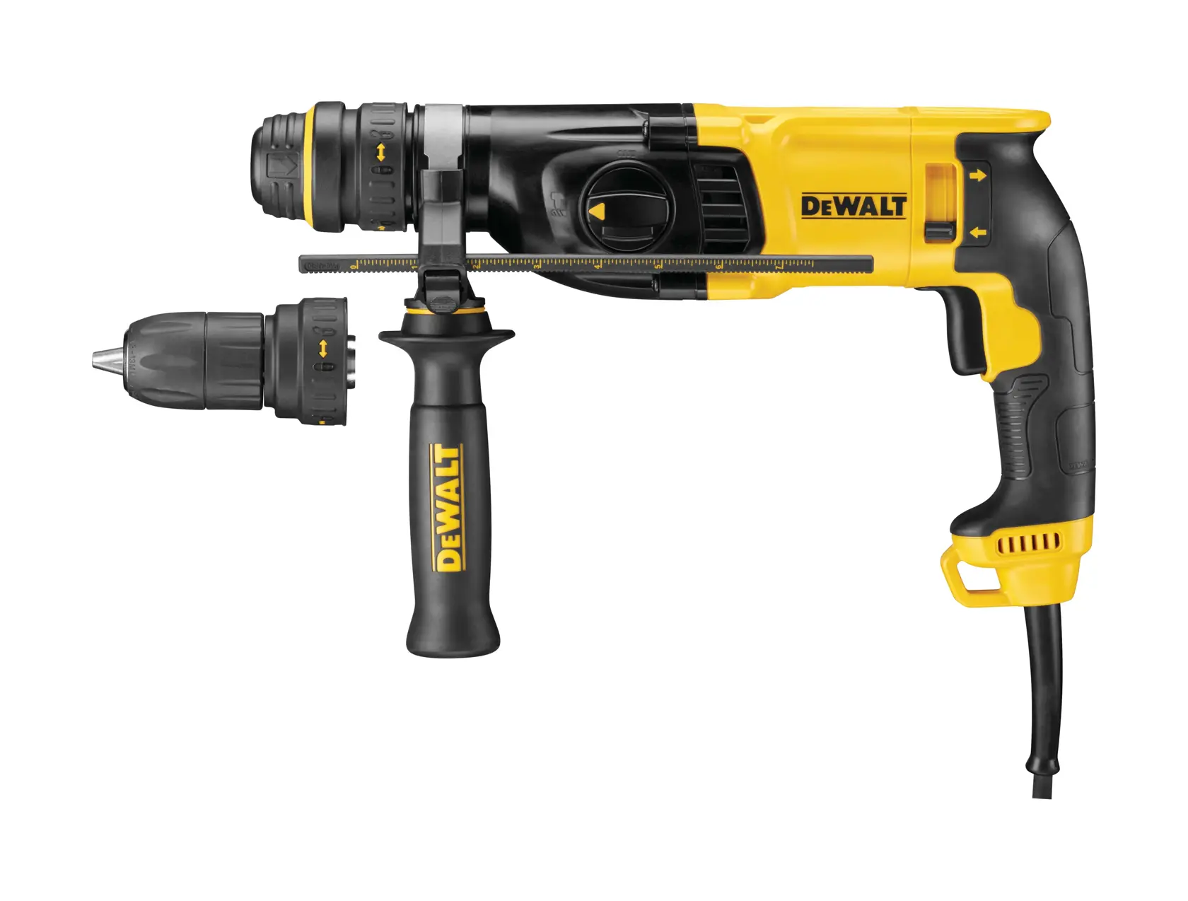 Martelo perfurador com fio DEWALT amarelo e preto, com cabo lateral e mandril removível, exibido sobre fundo branco.