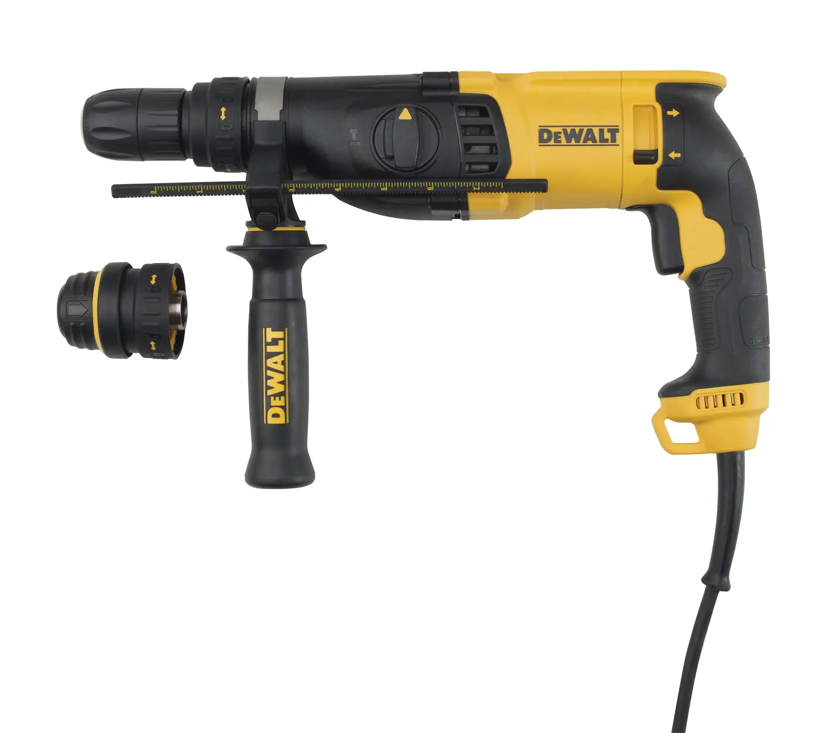 Martelete rotativo com fio DEWALT amarelo e preto com punho lateral e limitador de profundidade, exibido ao lado de um acessório de mandril intercambiável extra.