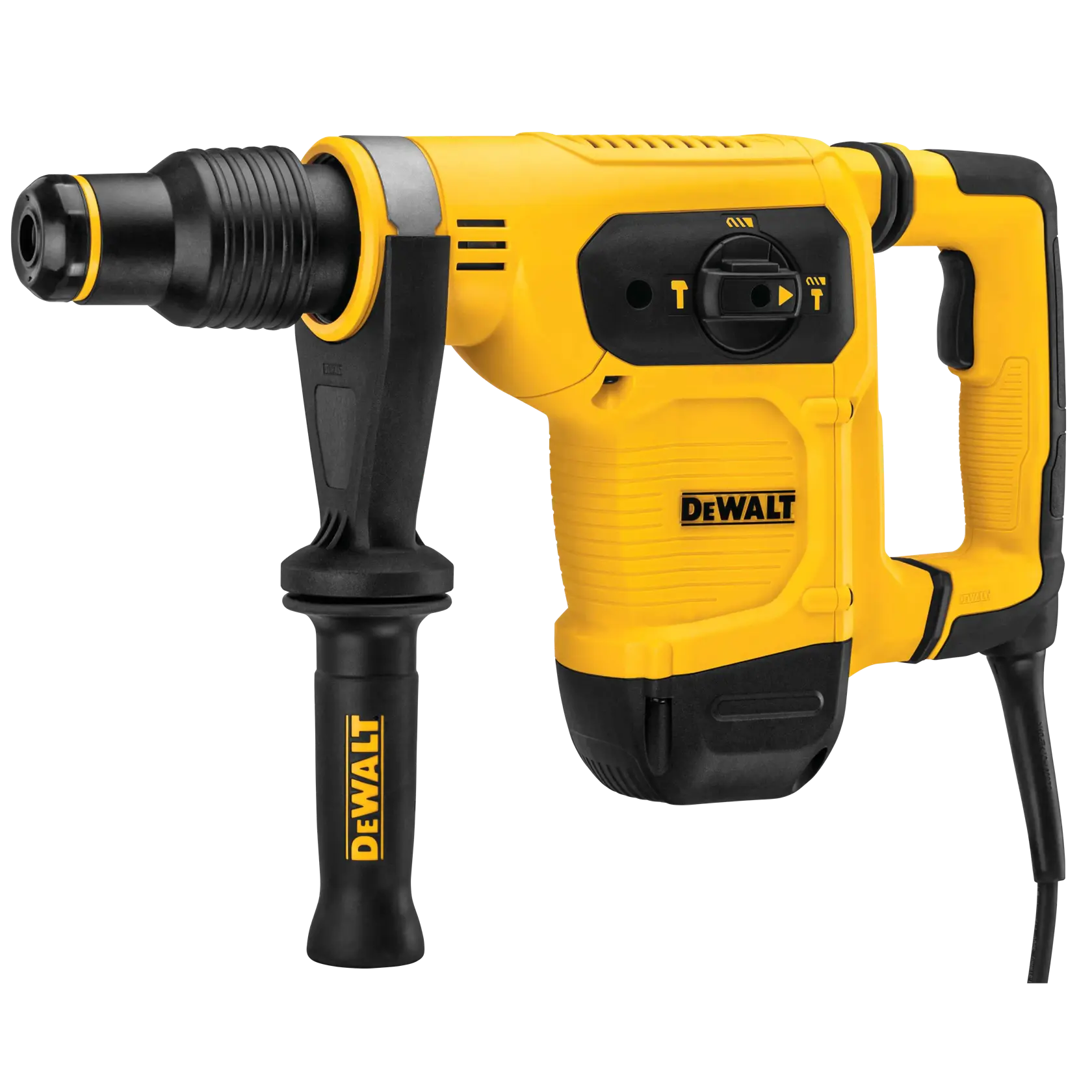 Martelo perfurador DEWALT amarelo com cabo lateral e fio, modelo D25481K, para construção e fotografia.