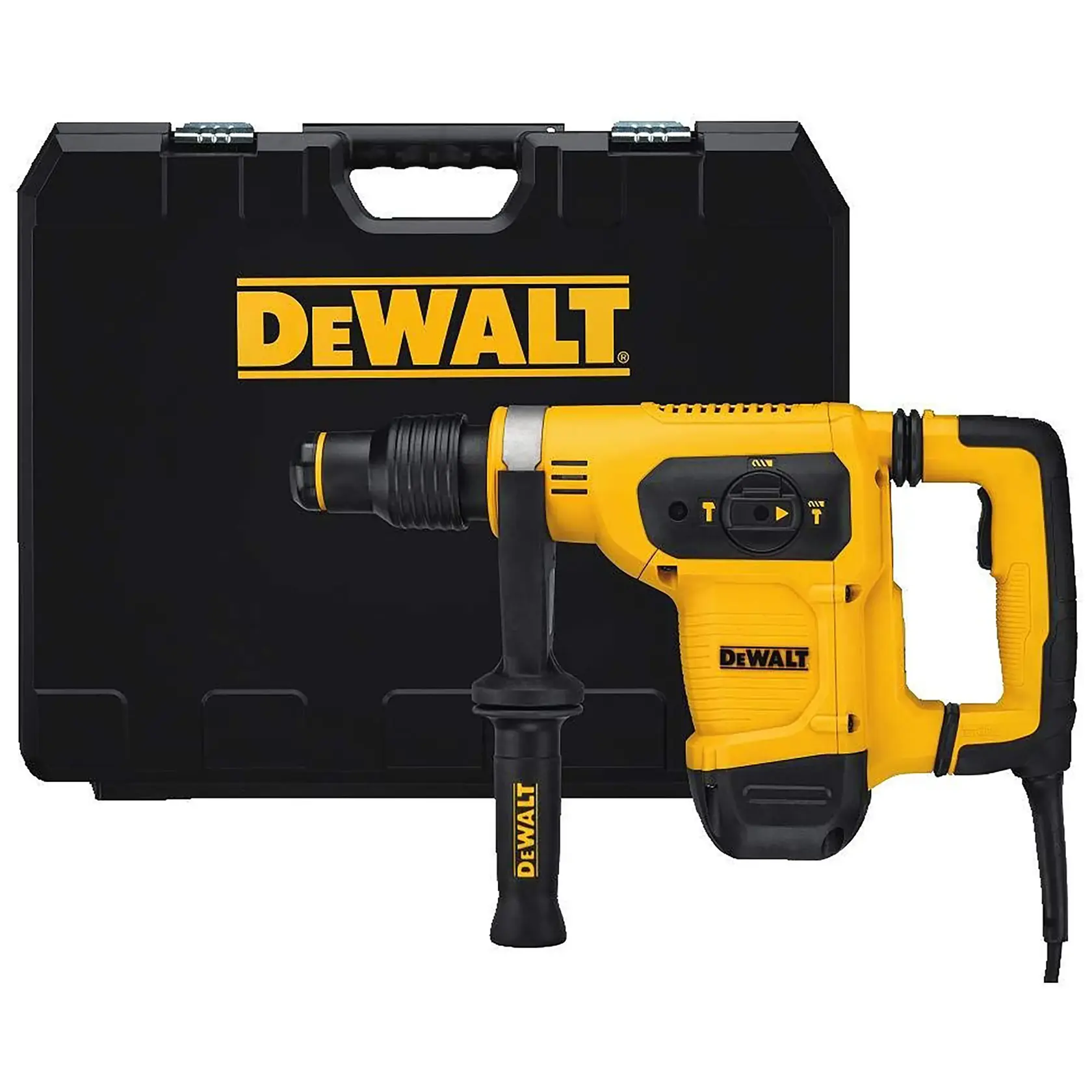 Um martelete rotativo amarelo e preto da DEWALT com cabo lateral, mostrado em frente a uma maleta de transporte preta da DEWALT.
