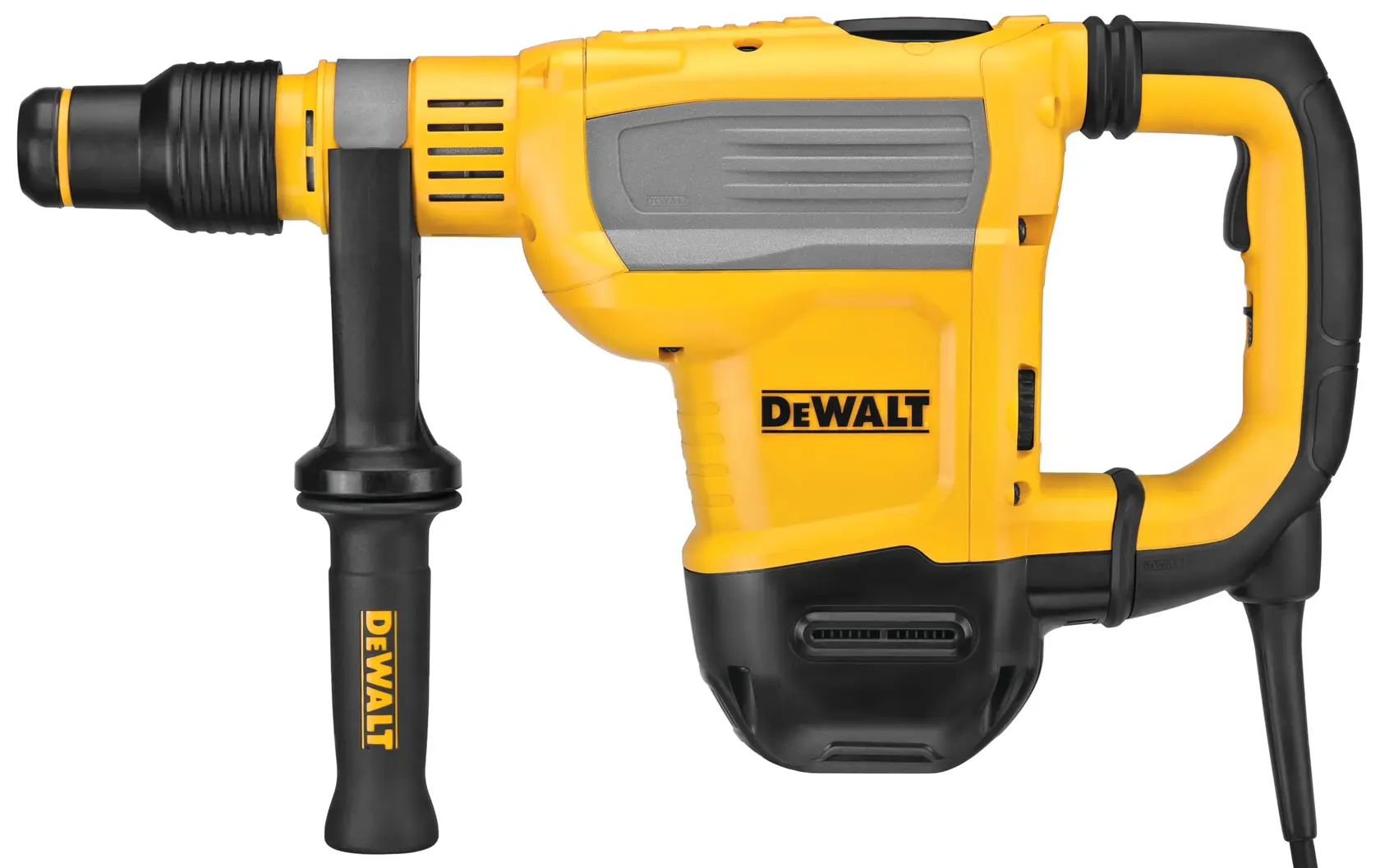 Martelo perfurador elétrico DEWALT amarelo e preto com cabo lateral, mostrado em fundo branco.