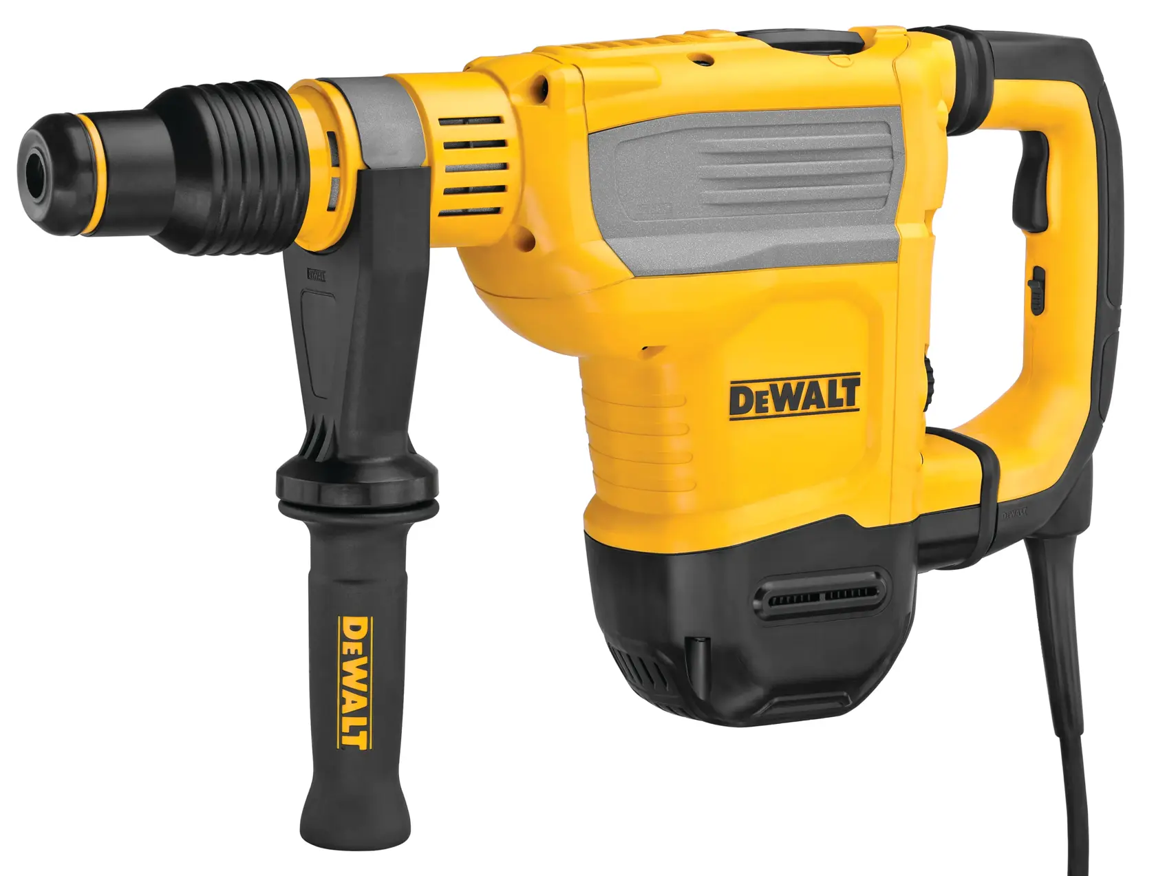 Uma furadeira elétrica rotativa DEWALT com corpo amarelo e preto, cabo ergonômico e empunhadura lateral, projetada para trabalhos pesados de construção.