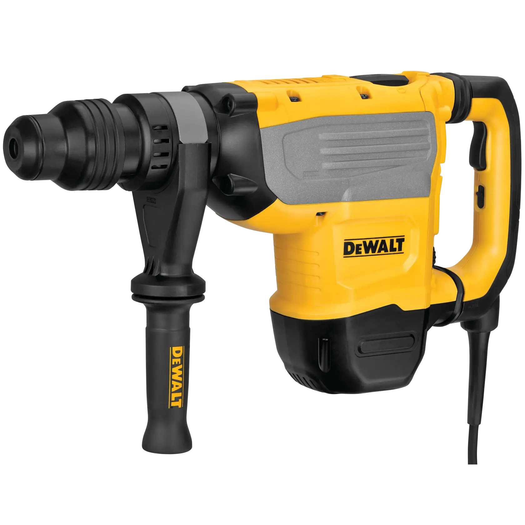 Martelo perfurador elétrico amarelo e preto DEWALT com cabo lateral e fio de alimentação, modelo D25733K.