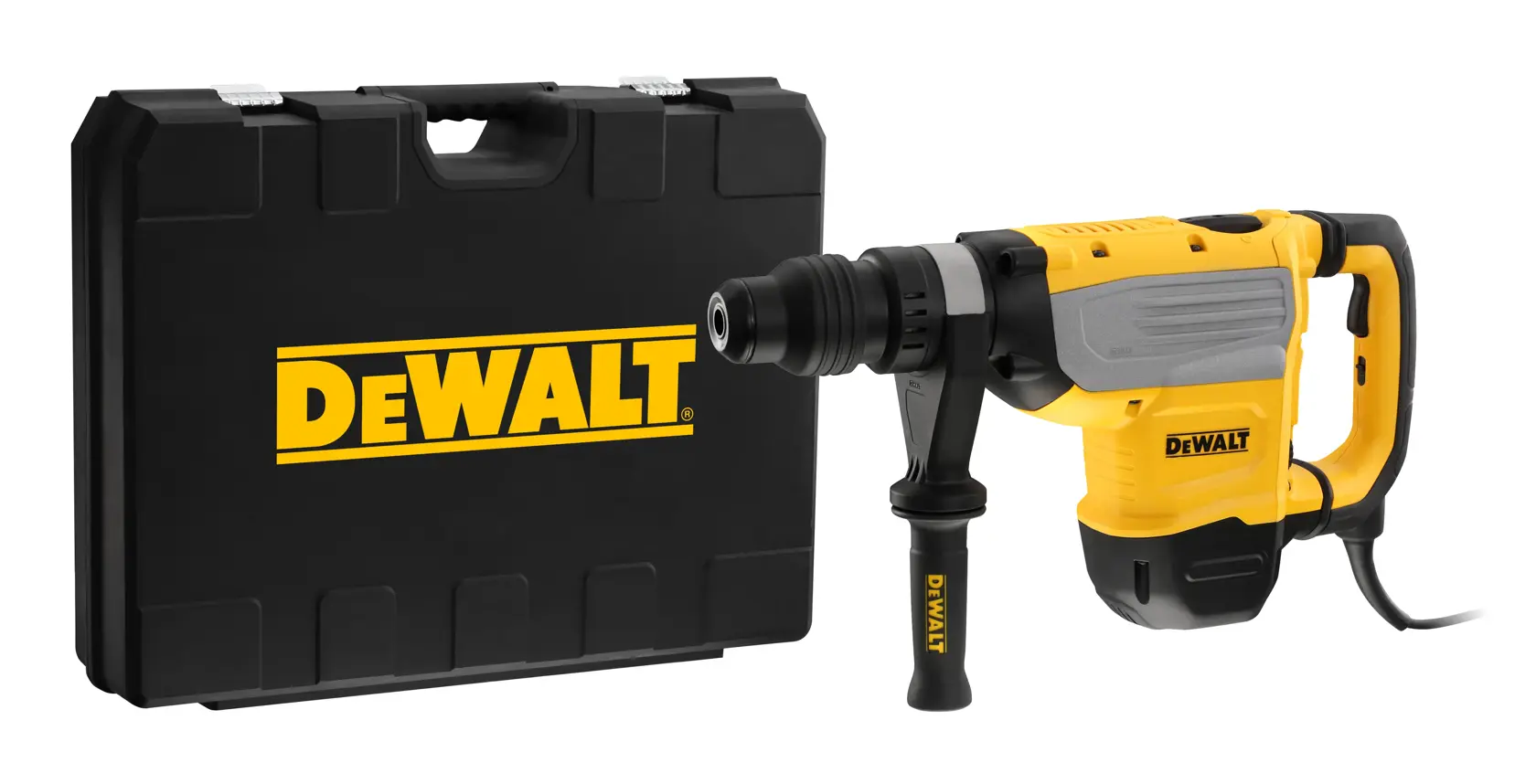 Um martelete rotativo DEWALT com alça lateral e cabo de energia, exibido ao lado de uma maleta preta com o logotipo da DEWALT.