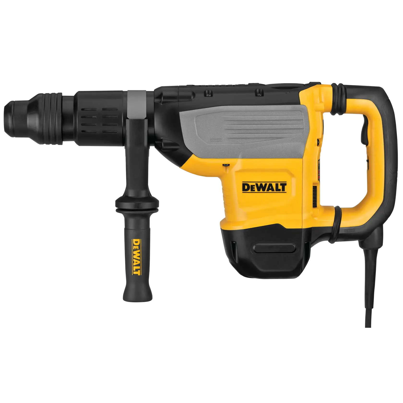 Martelete rotativo elétrico DEWALT com cabo lateral e fio, nas cores amarelo e preto, destinado a trabalhos de construção e demolição de alta intensidade.