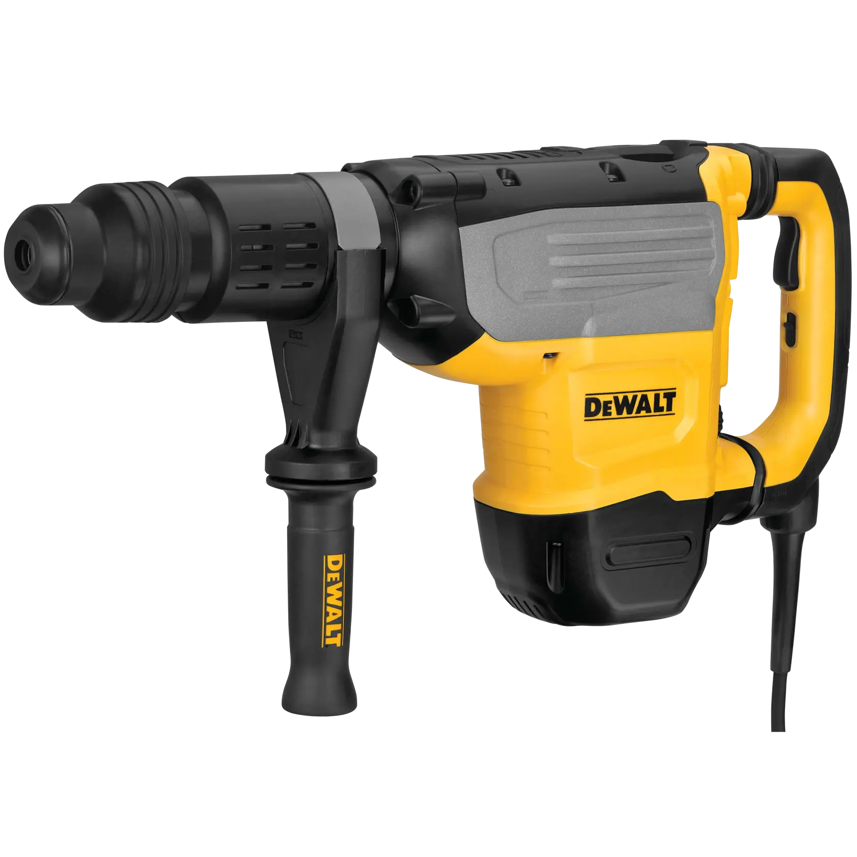 Um martelete rotativo DEWALT de alta resistência com corpo amarelo e preto, alça lateral para melhor aderência e cabo de energia conectado.