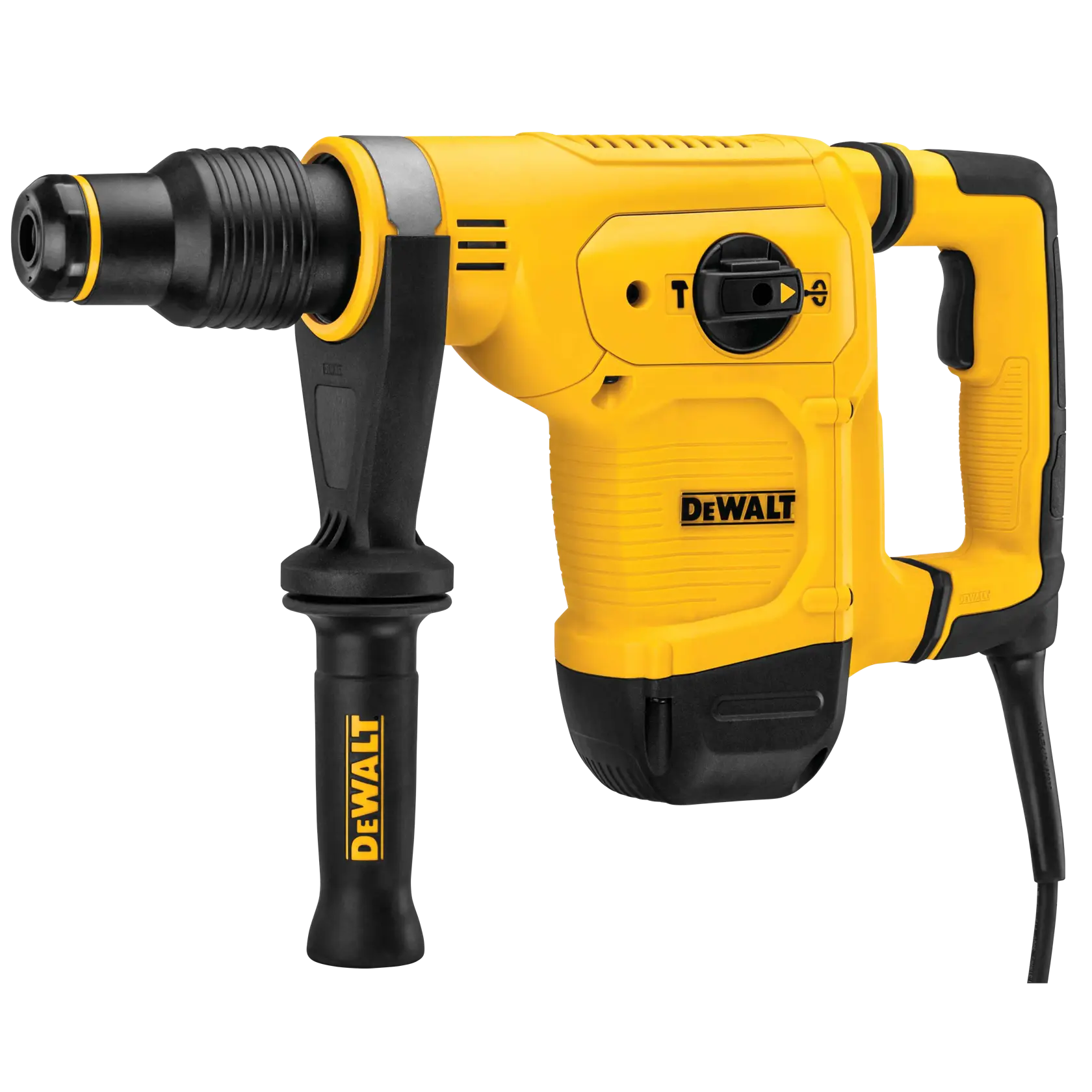 Um martelete rotativo elétrico DEWALT amarelo e preto com cabo lateral e fio, projetado para uso pesado.