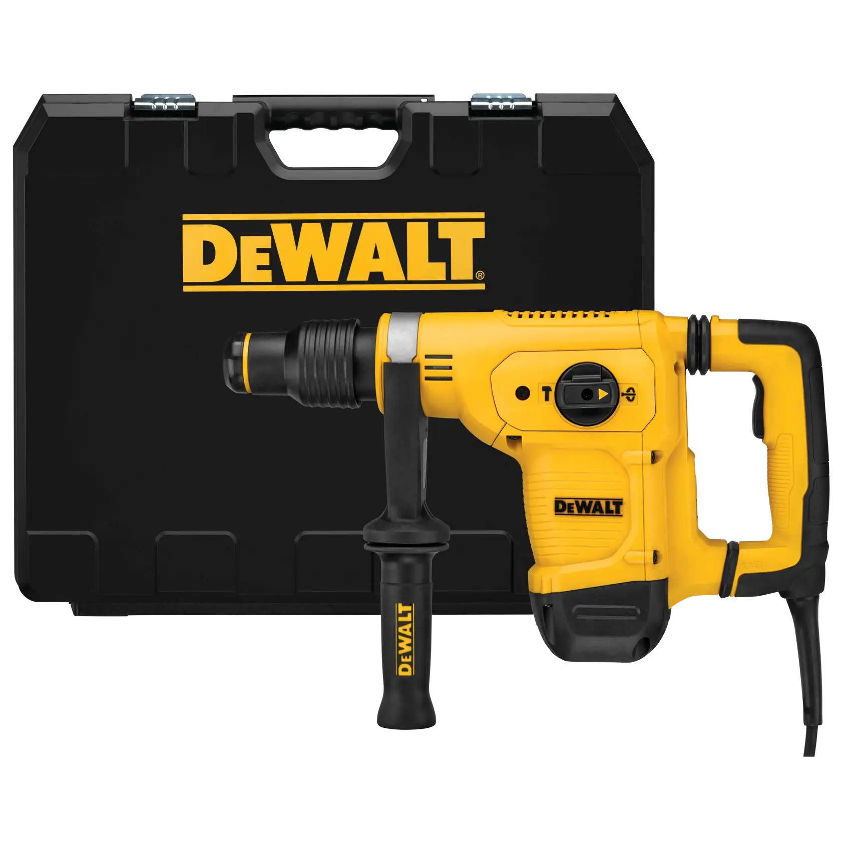 Um martelete rotativo amarelo DEWALT com uma alça preta, exibido na frente de uma caixa de transporte preta DEWALT.