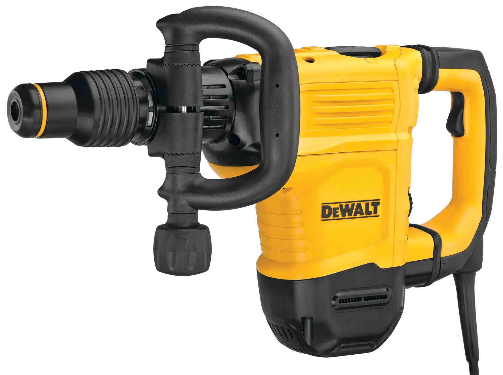 Martelo demolidor elétrico DEWALT com corpo amarelo e alças pretas, apresentando um cabo de alimentação e construção robusta.