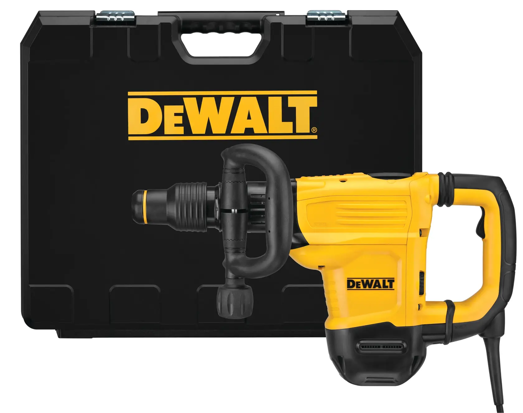 Um martelete demolidor amarelo DEWALT com cabo preto e uma maleta de transporte atrás. A maleta é preta com um grande logotipo DEWALT na frente.