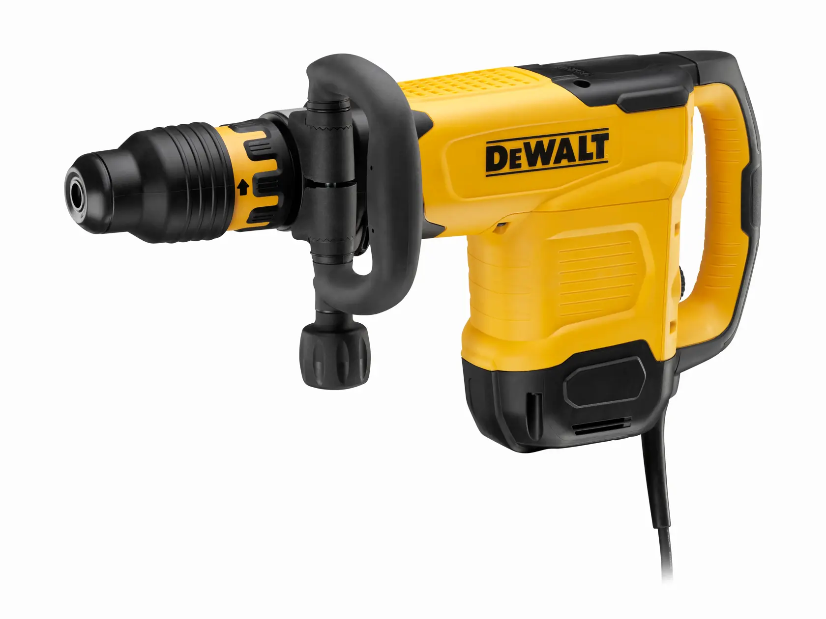 Um martelo demolidor elétrico DEWALT amarelo e preto com cabo ergonômico e fio, projetado para trabalhos de construção pesada.