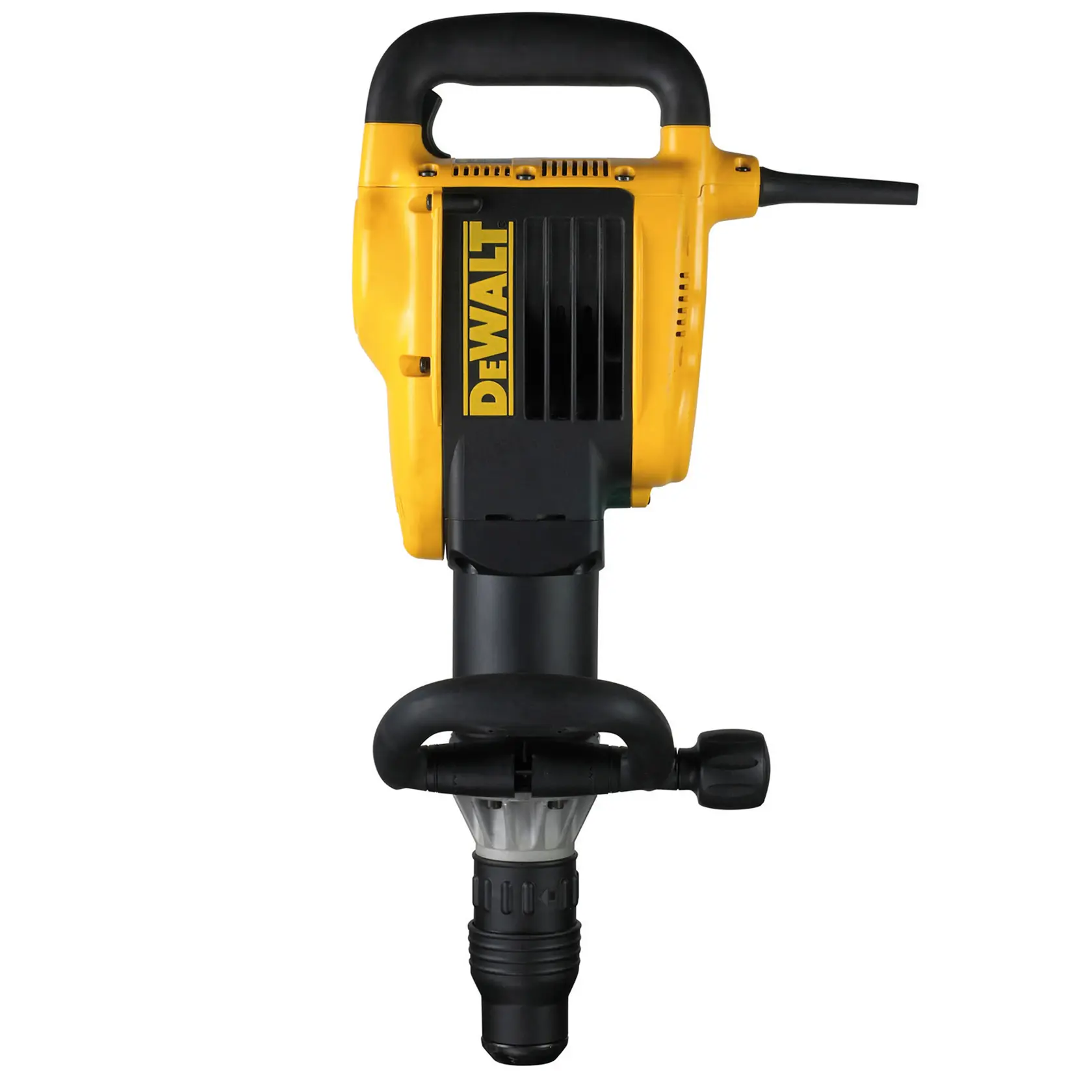 Um martelo elétrico de demolição DeWalt, amarelo e preto, mostrado na posição vertical com cabo e fio de energia, desenvolvido para trabalhos pesados de construção.
