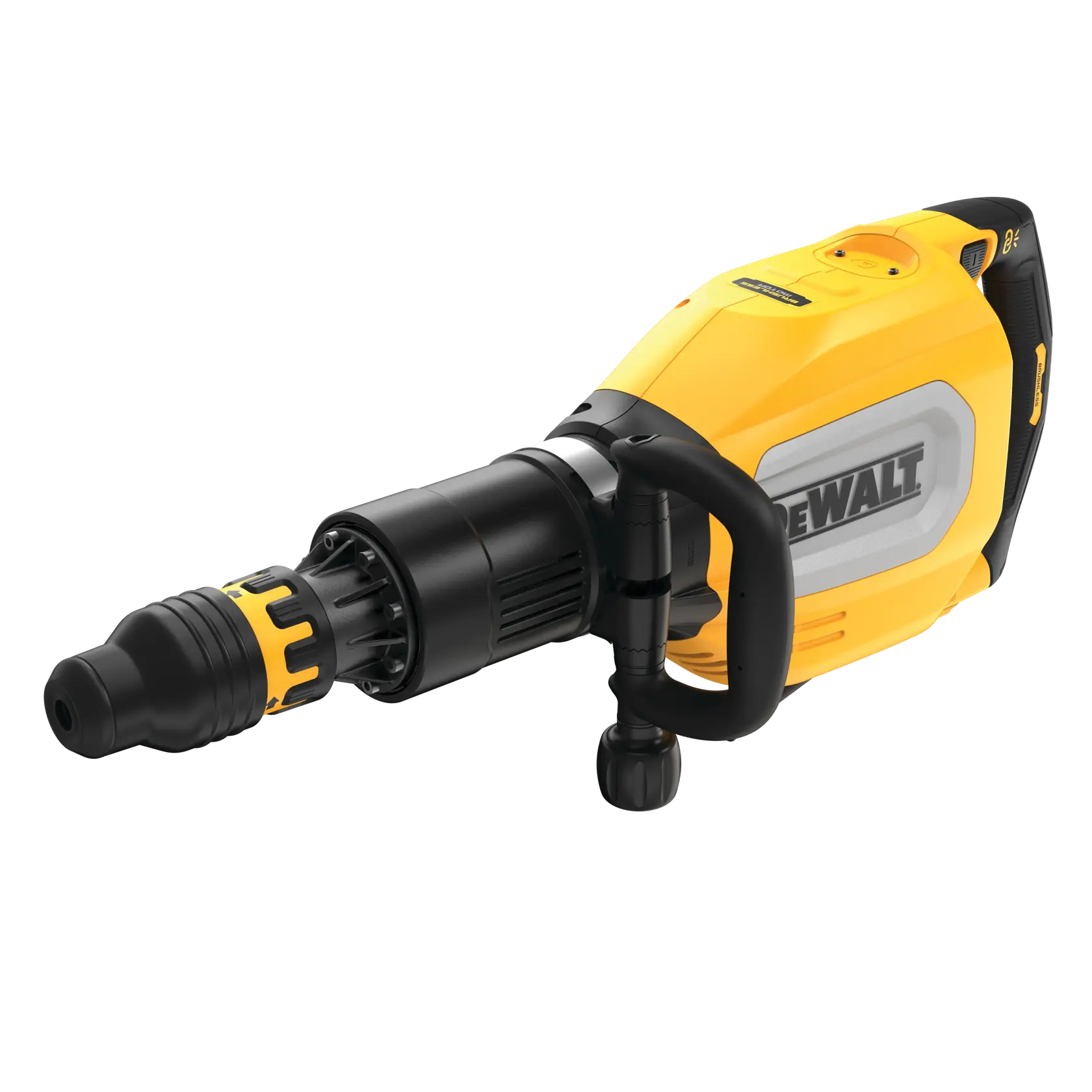 Martelo demolidor elétrico DEWALT amarelo e preto com cabo lateral para uso em obras pesadas.