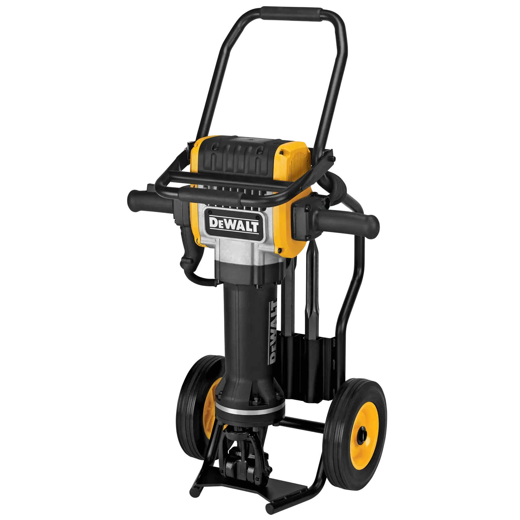 Um rompedor de demolição industrial DEWALT montado em um suporte com rodas, visto de frente. A ferramenta tem design amarelo e preto com alças e rodas para facilitar a mobilidade.
