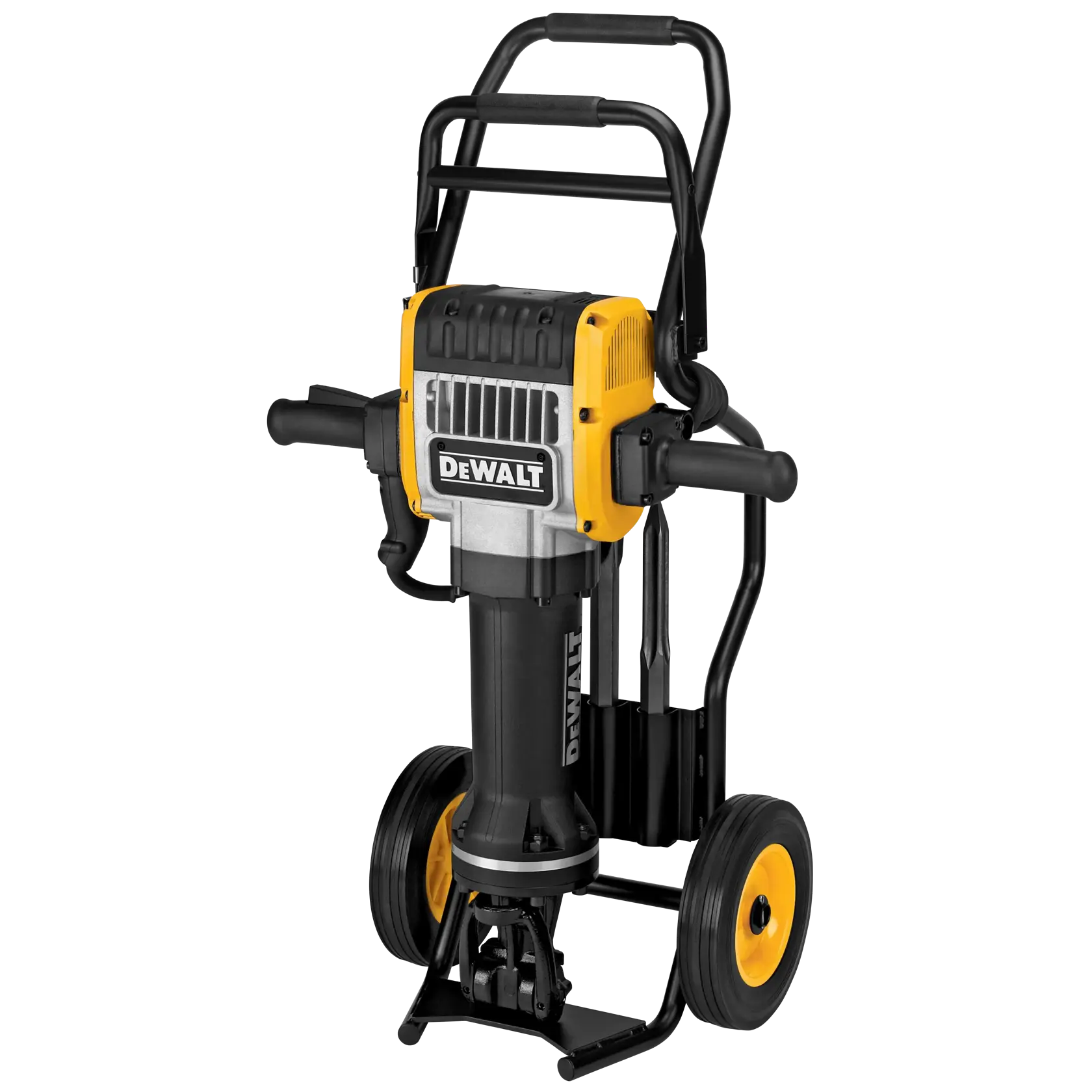 Um rompedor elétrico portátil DEWALT montado em um carrinho com rodas, projetado para trabalhos de construção pesada.