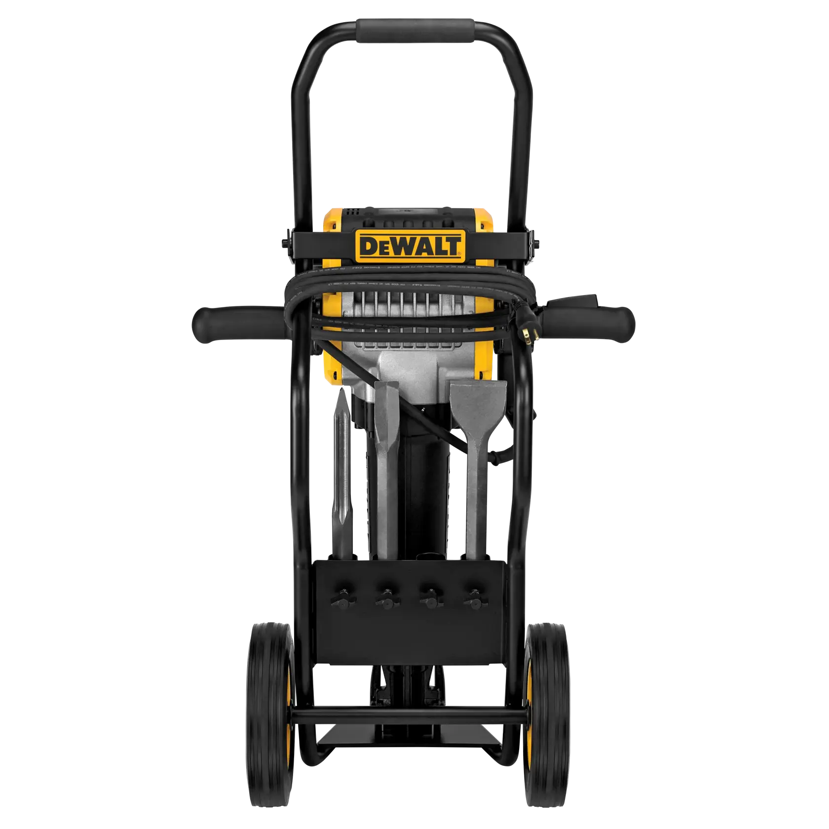 Vista frontal de um carrinho com rodas DEWALT projetado para transportar ferramentas e acessórios de alta resistência, com detalhes em preto e amarelo e vários compartimentos.