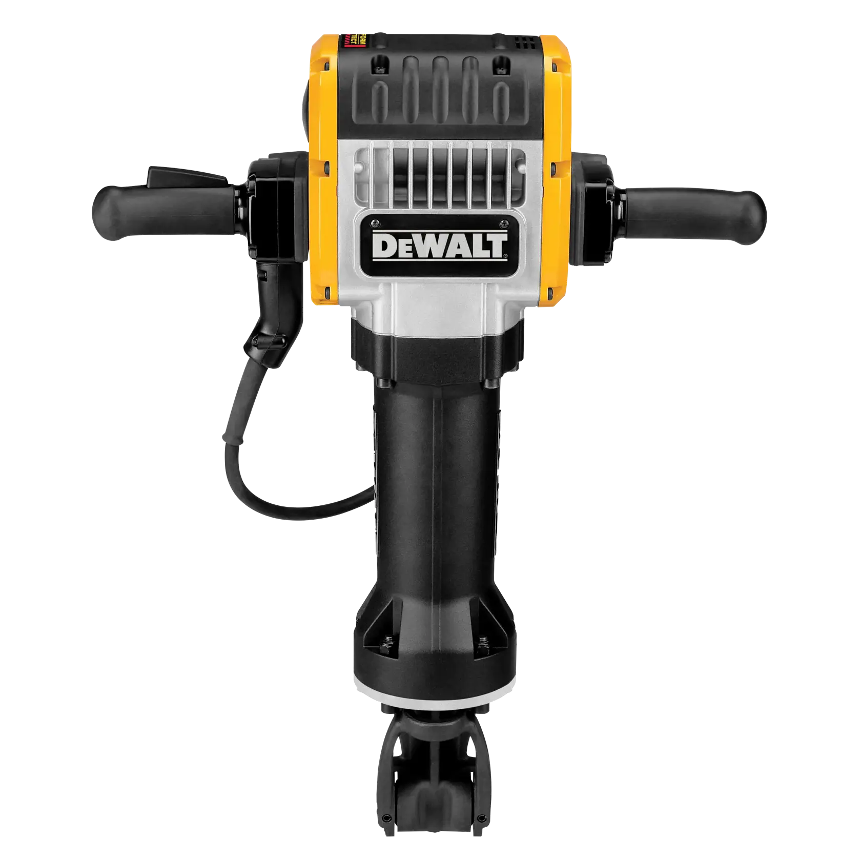 Vista frontal do martelo demolidor DEWALT D25980 com cabos e fio, sobre fundo branco.