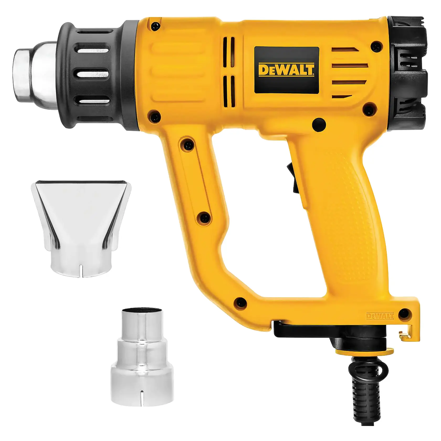Uma pistola de ar quente DEWALT amarela com cabo e bico pretos, exibida com dois bicos prateados intercambiáveis ao lado.