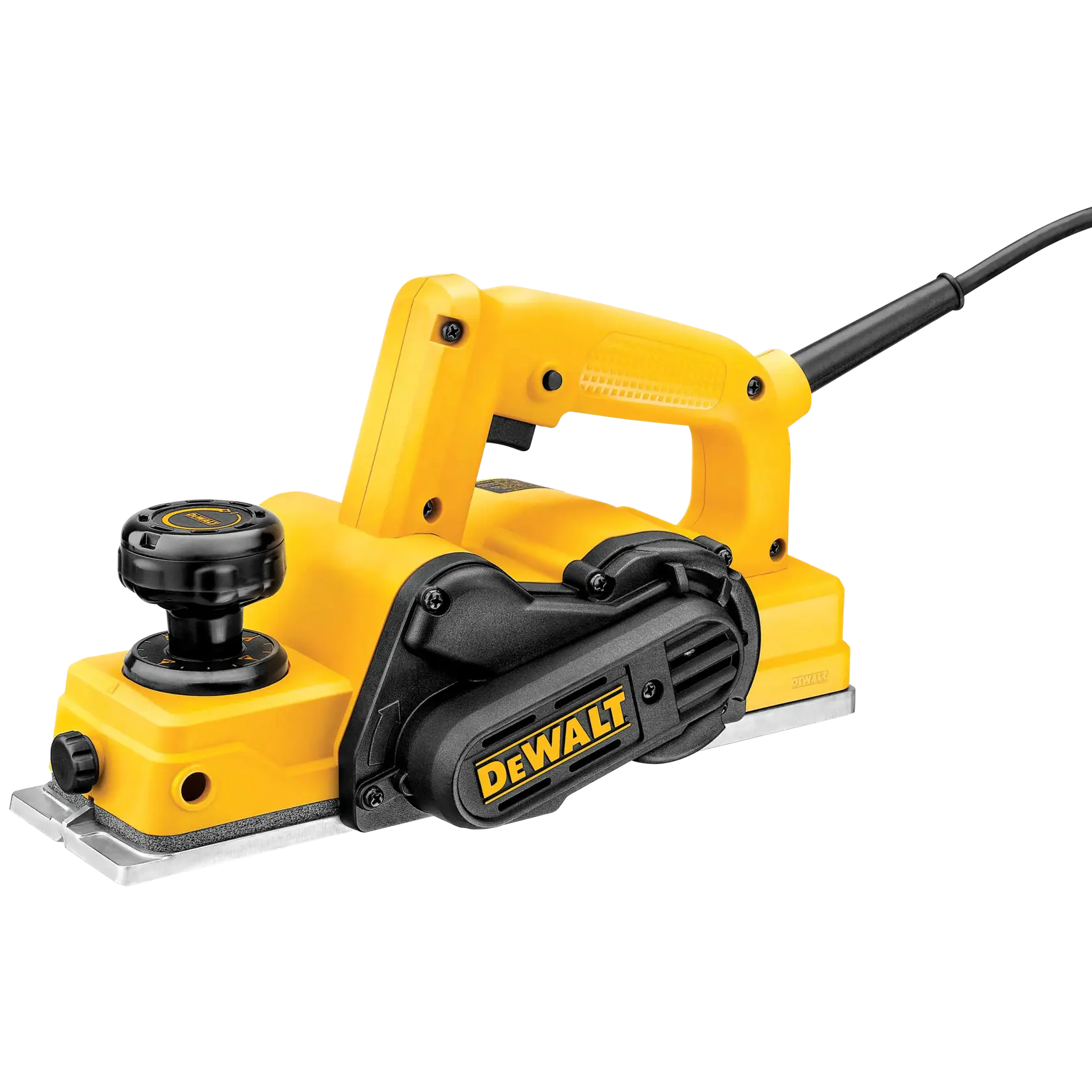 Plaina elétrica manual DEWALT amarela e preta com botão frontal ajustável, cabo ergonômico e fio de alimentação, fotografada em fundo branco.