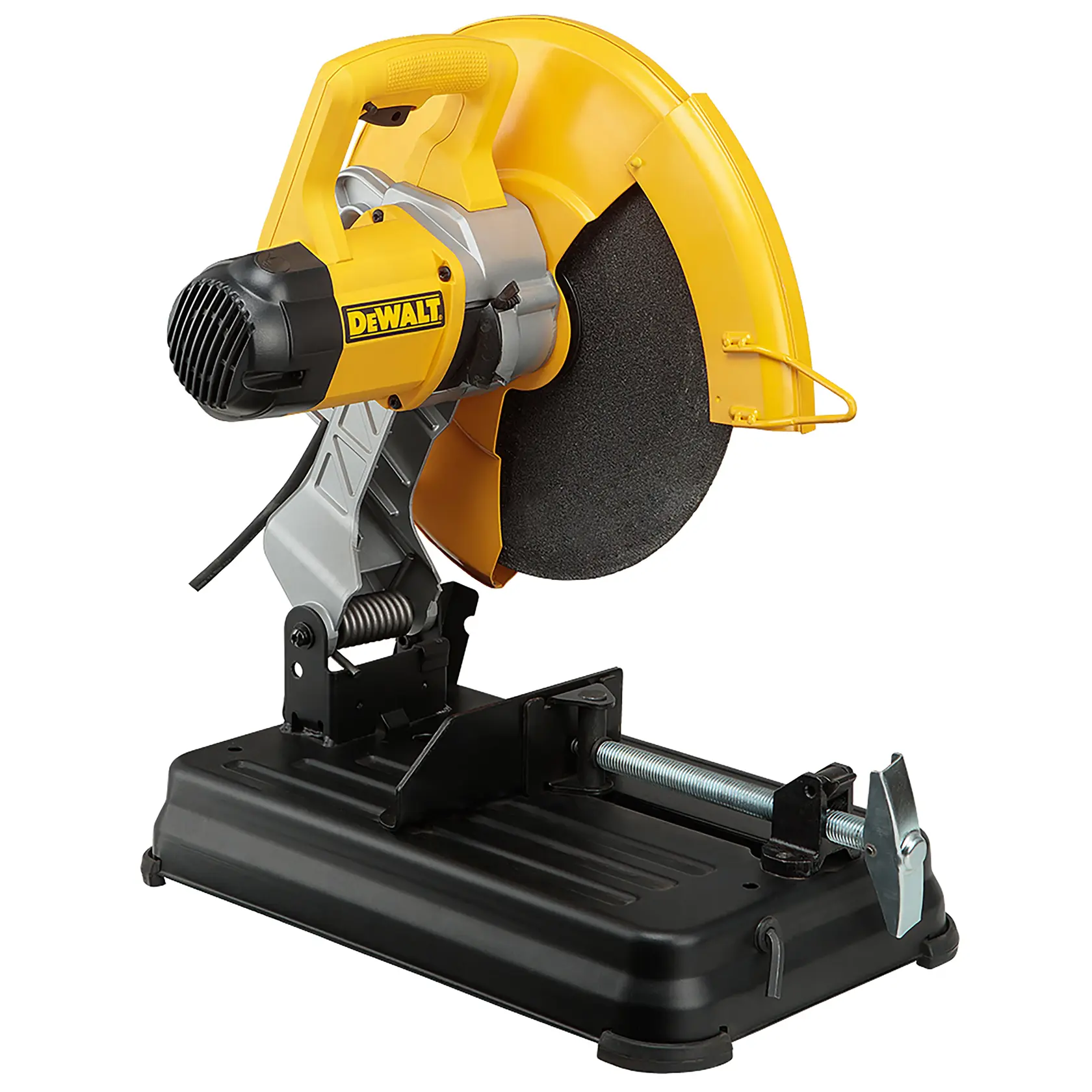 Uma serra de corte portátil da marca DEWALT com design amarelo e preto, apresentando uma lâmina circular, uma alça, proteção de segurança e uma base robusta para corte de metal.