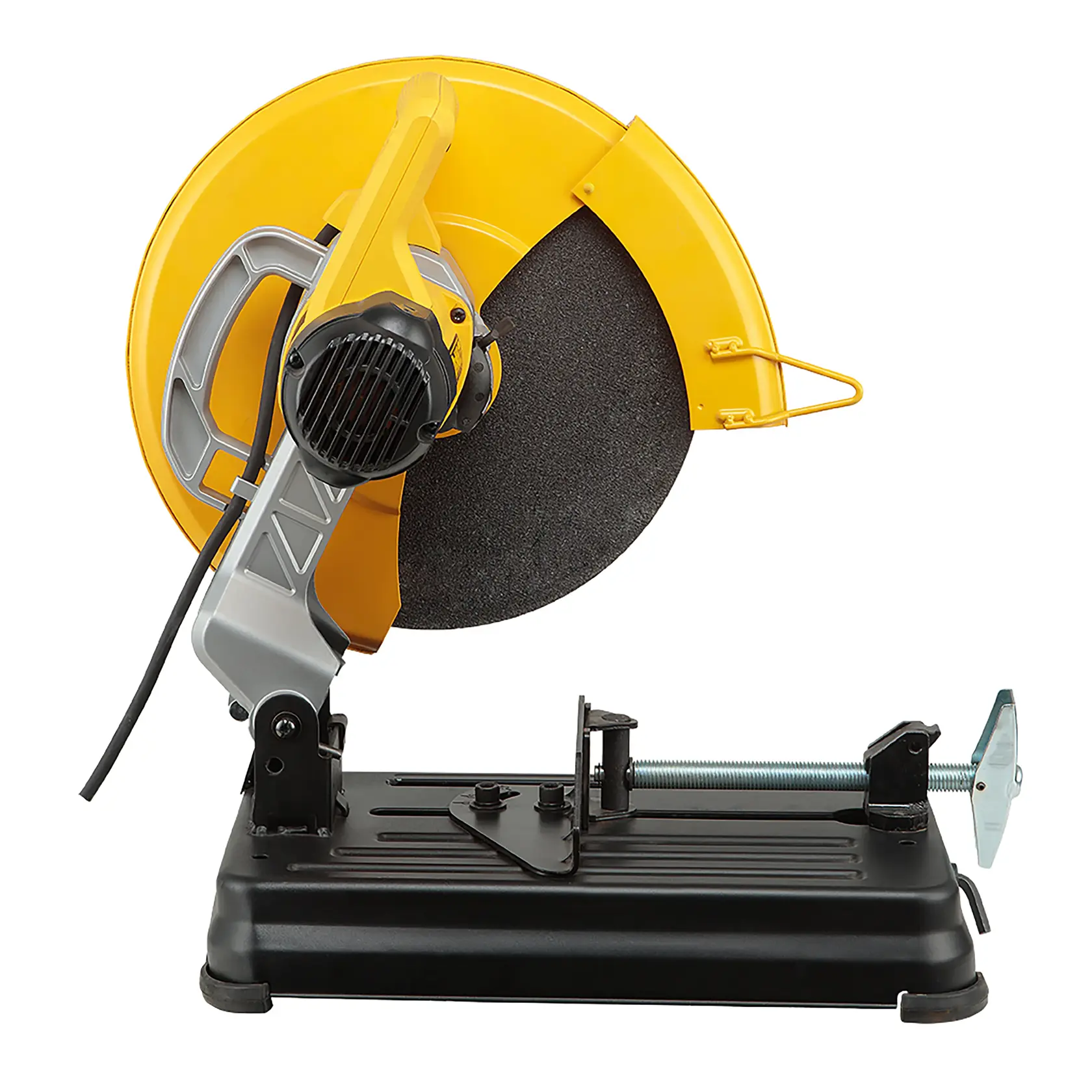 Uma serra de corte de metal DEWALT com corpo amarelo e preto, mostrando a lâmina e a base ajustável para prender materiais.