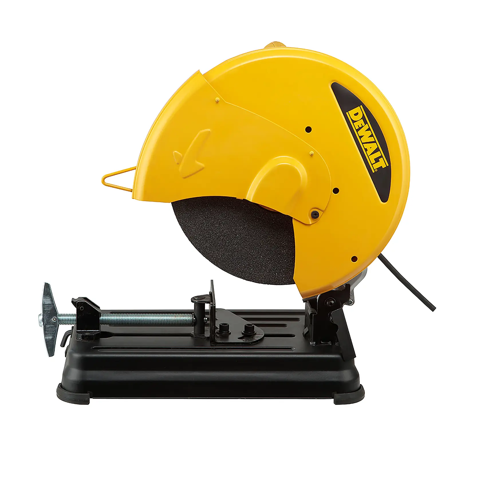 Uma serra de corte de metal DEWALT com proteção amarela para lâmina e base preta, projetada para cortar materiais metálicos.