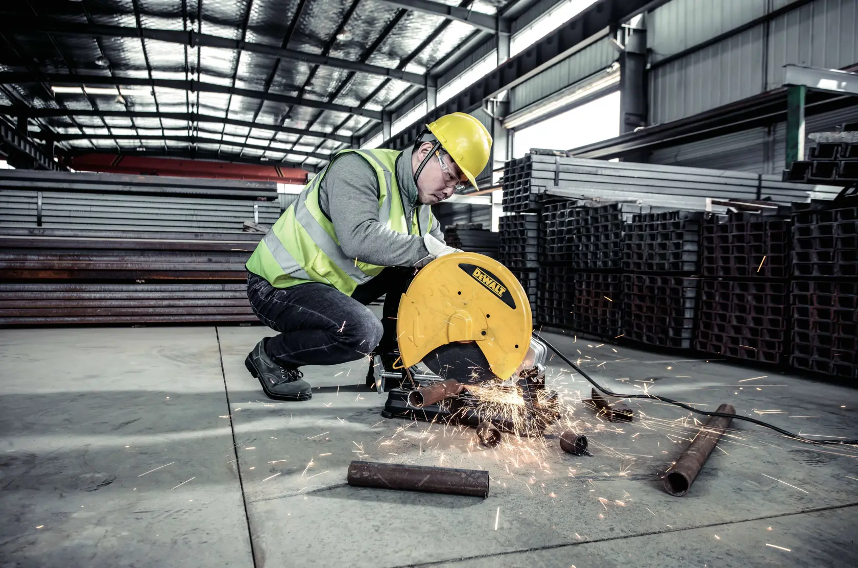 Um trabalhador usando colete de segurança e capacete utiliza uma serra de corte de metal DEWALT D28730-B2 para cortar tubos de aço em um armazém industrial. Faíscas saem da área de corte e há tubos de aço e materiais metálicos empilhados ao fundo.