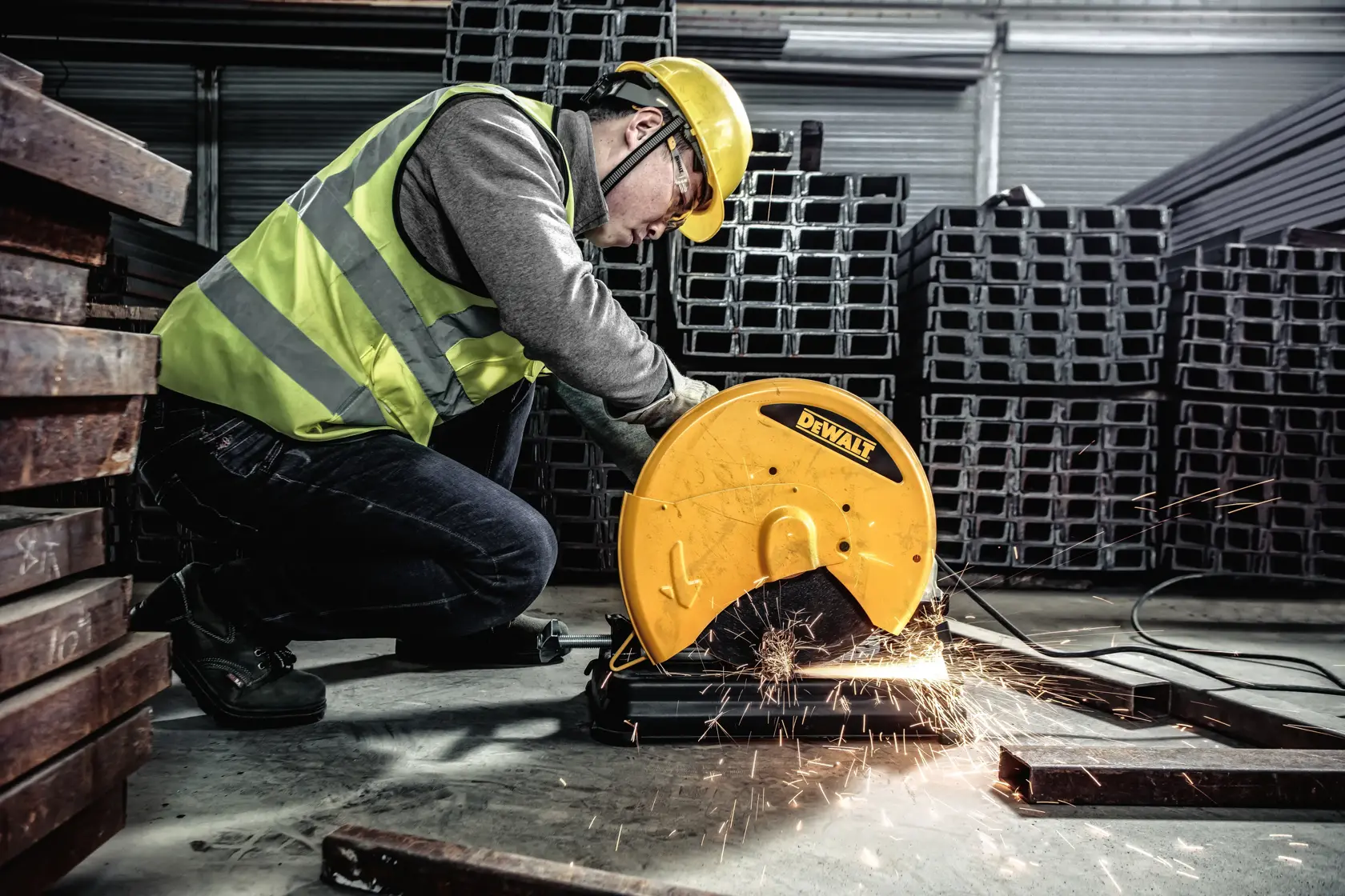 Uma pessoa usando equipamento de segurança opera uma serra de corte de metal DEWALT, modelo D28730, para cortar barras de metal em um ambiente industrial. Faíscas saem da área de corte.
