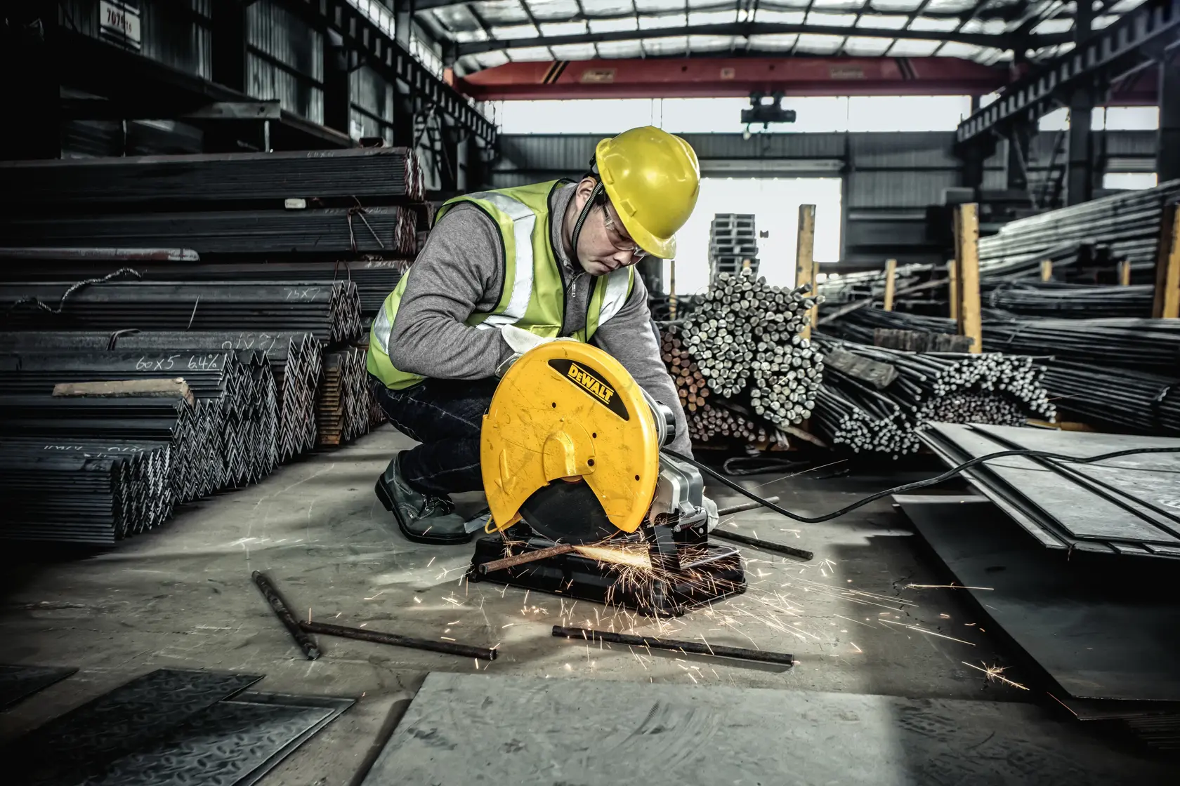 Um trabalhador usando capacete de segurança amarelo e colete refletivo está cortando metal com uma serra de esquadria amarela DEWALT, produzindo faíscas. O trabalhador está em um armazém industrial cercado por pilhas de barras e chapas de metal.