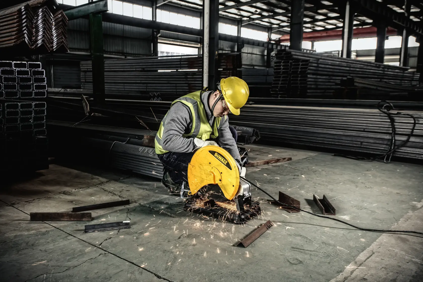 Uma pessoa usando um capacete de segurança amarelo e colete de alta visibilidade opera uma serra de corte DEWALT, cortando peças de metal em um depósito industrial com vigas de metal empilhadas ao fundo.