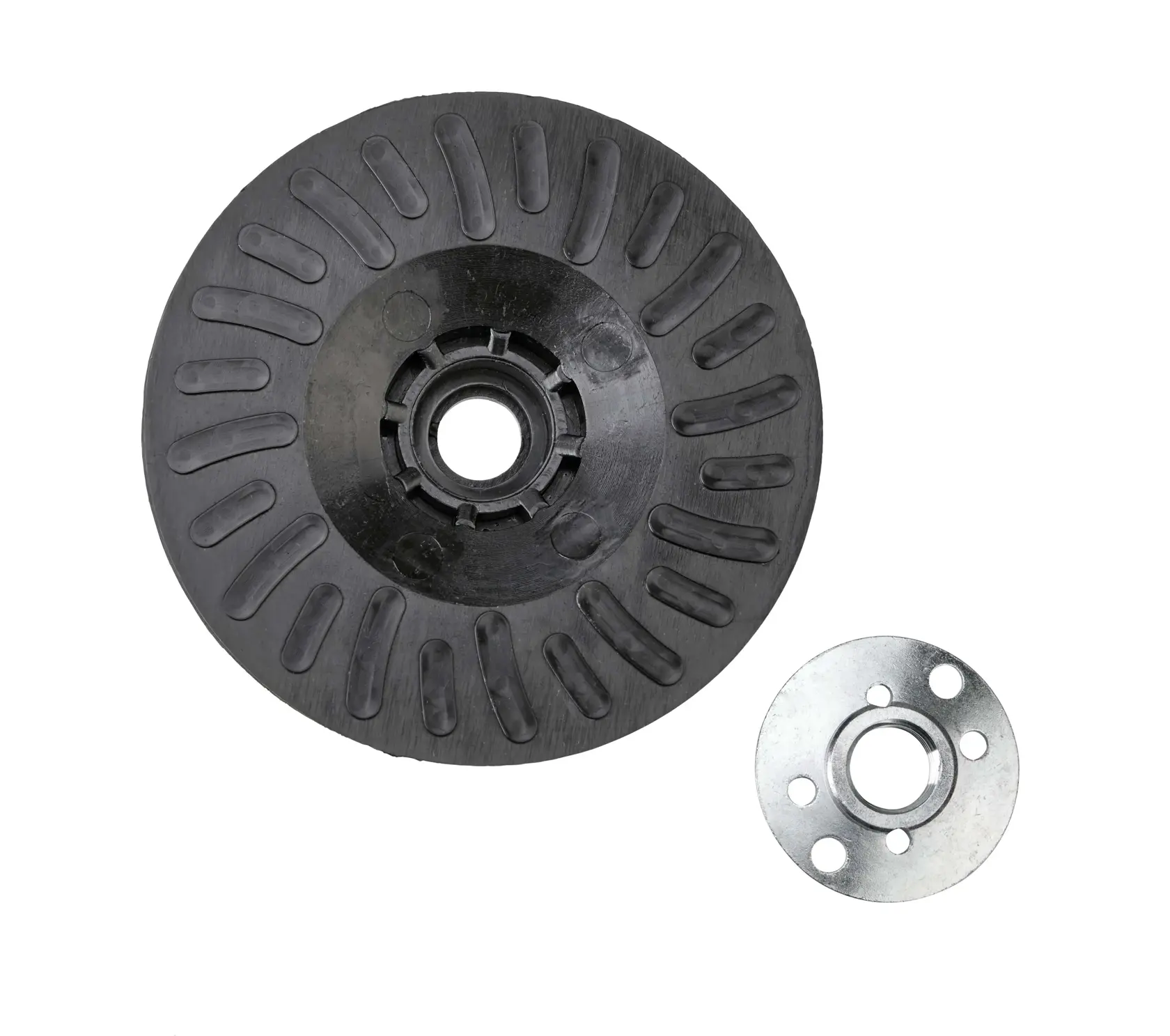 Conjunto de base de apoio de substituição DEWALT, composto por uma base de apoio preta grande e redonda com superfície texturizada e uma placa de montagem circular menor de metal, mostrados sobre fundo branco.