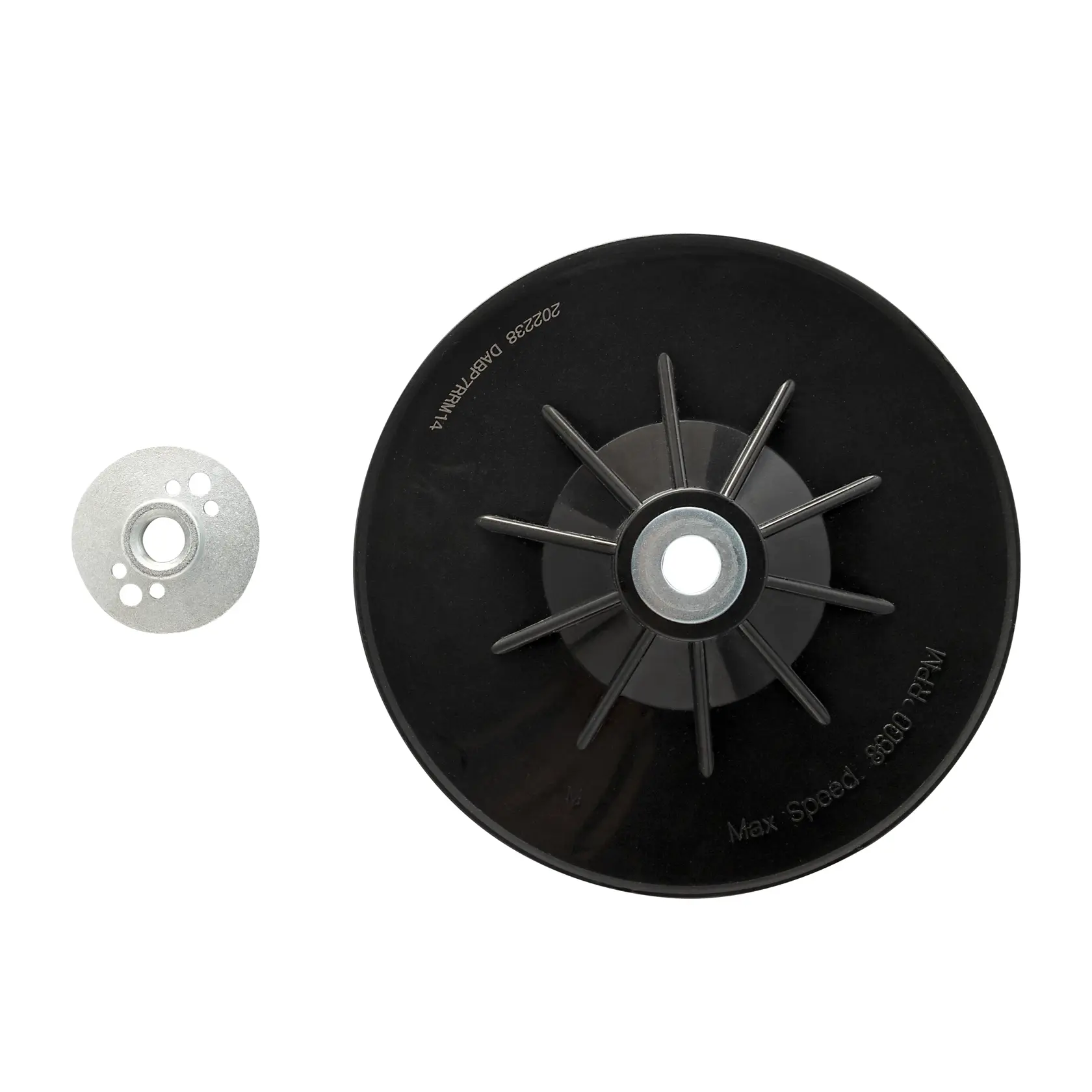 Um conjunto de base de apoio de substituição DEWALT, modelo DABP7RRM14, mostrado contra um fundo branco. O conjunto inclui uma base de apoio preta, redonda e grande, com encaixe central de metal e uma flange circular metálica separada.