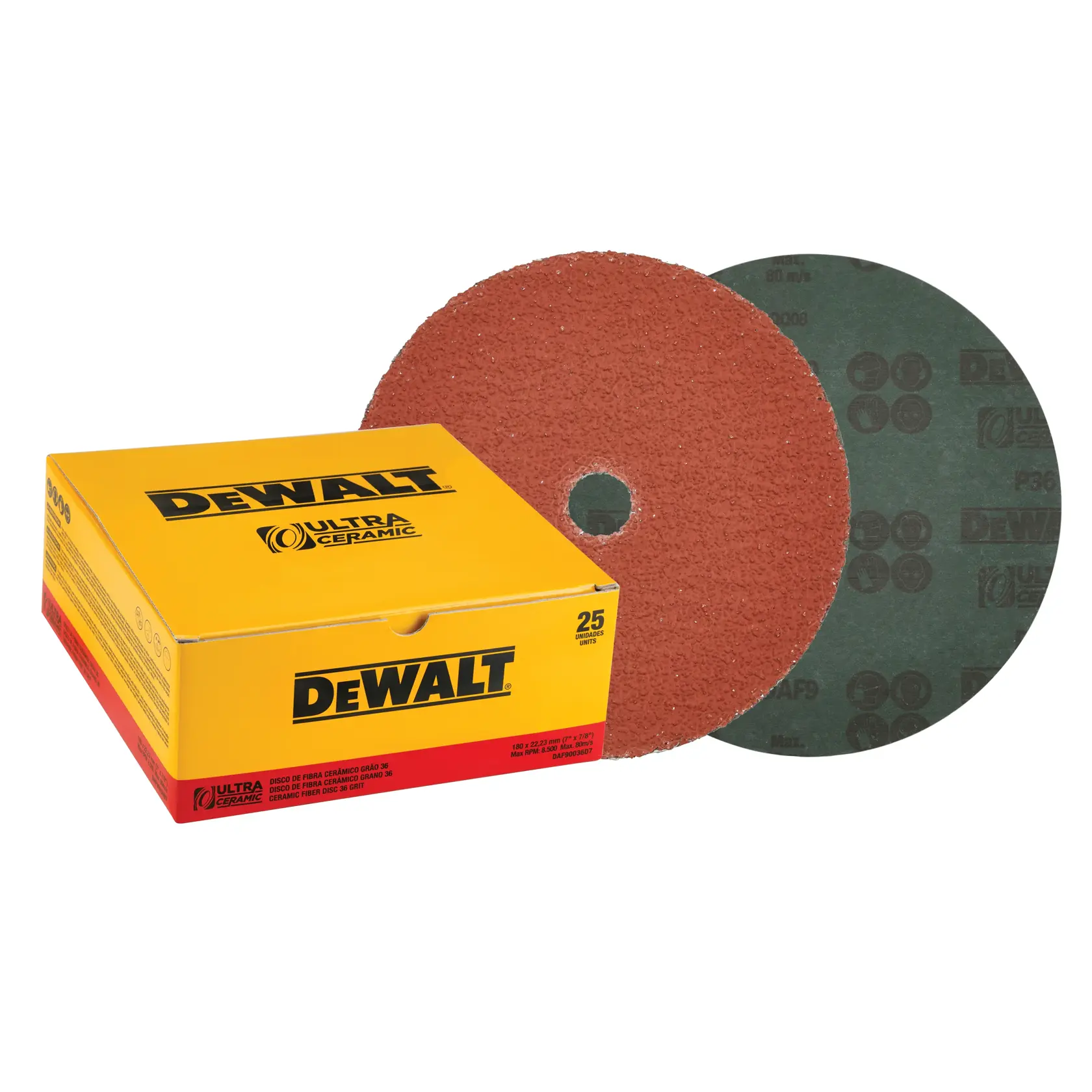 Dois discos abrasivos de fibra Ultra Ceramic DEWALT estão ao lado de uma caixa amarela da marca DEWALT contendo 25 discos. Os discos possuem um furo central e uma superfície áspera.