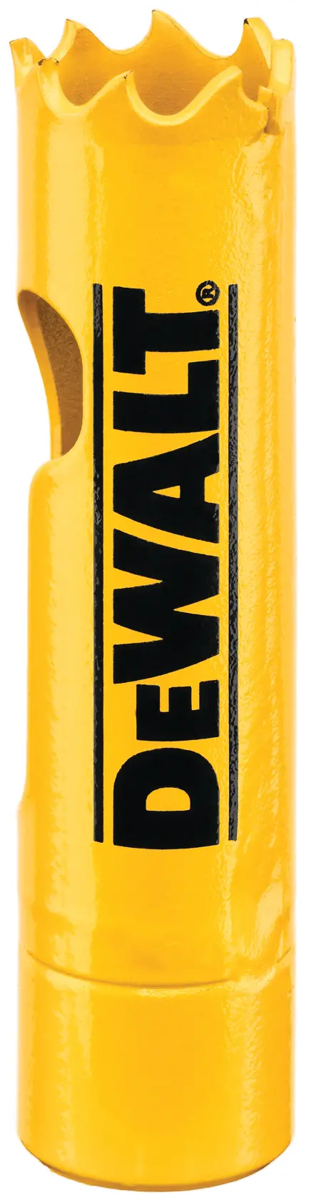 Uma serra copo amarela DEWALT com dentes de corte serrilhados e uma abertura lateral, utilizada para perfurar furos circulares em materiais.