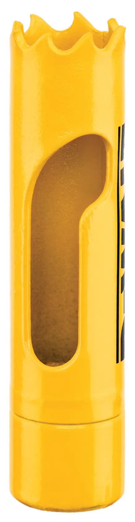 Uma serra copo amarela da DEWALT com formato cilíndrico, apresentando um lado aberto e dentes de corte irregulares em uma extremidade.