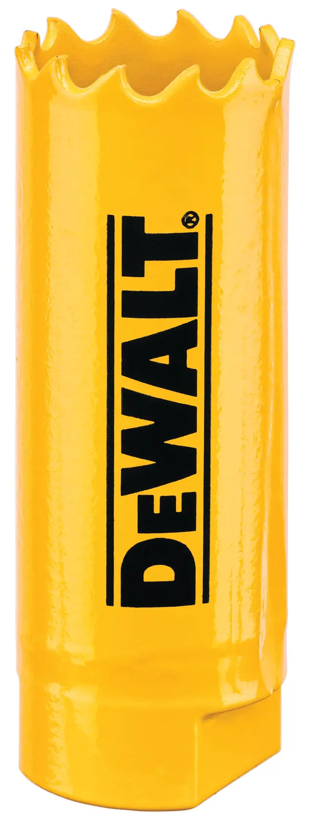 Broca de serra copo amarela DEWALT com borda de corte serrilhada e logotipo DEWALT impresso verticalmente no cilindro.