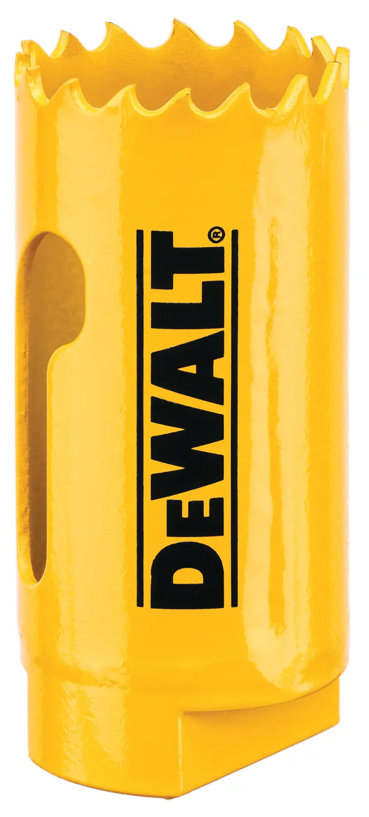 Uma serra copo amarela DEWALT com dentes irregulares, projetada para cortar furos em diversos materiais.