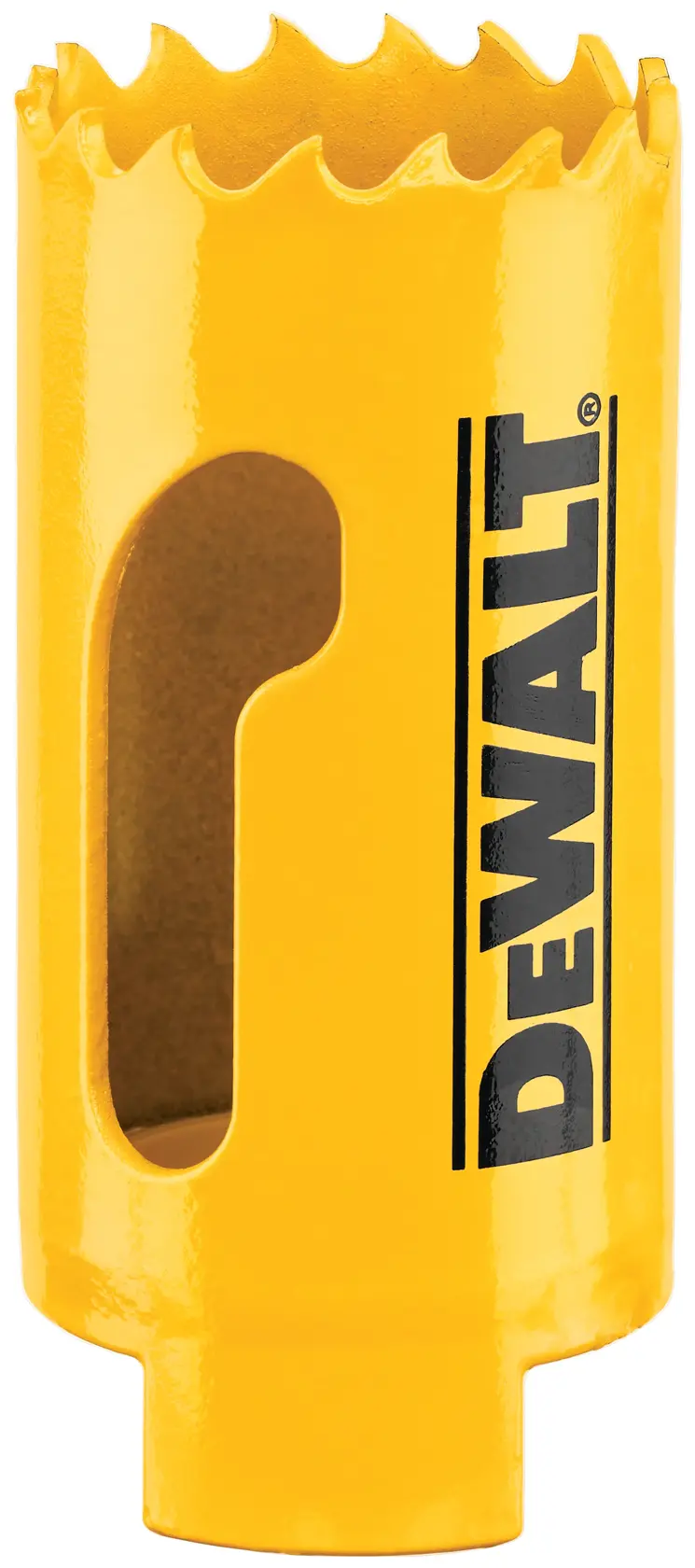Um serra copo amarelo da DEWALT com dentes irregulares na parte superior e uma janela lateral aberta, usado para cortar buracos em materiais.
