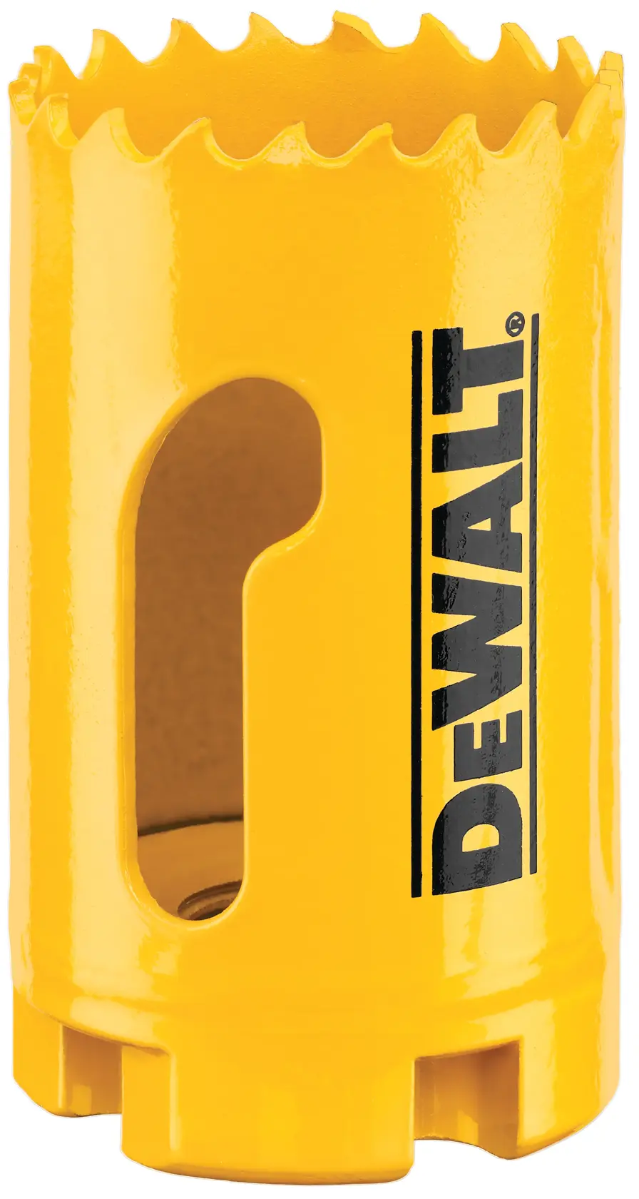 Uma serra copo amarela da DEWALT com bordas de corte dentadas e uma abertura lateral, usada para perfurar grandes furos em materiais.