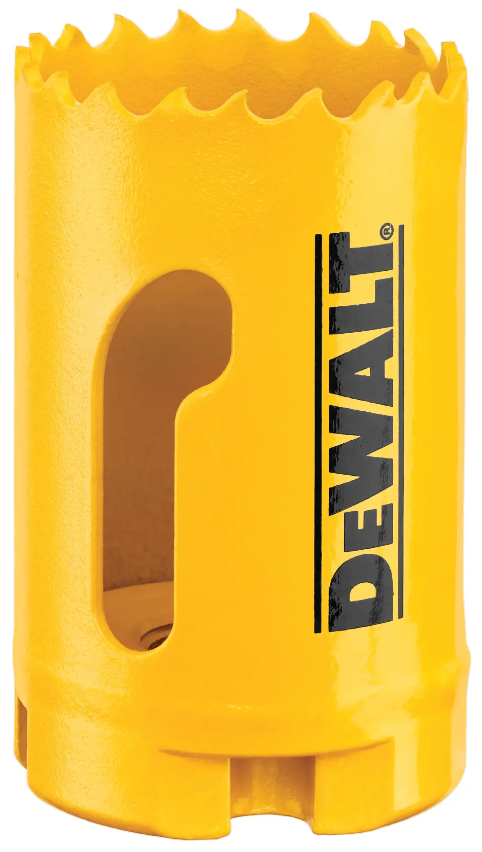 Uma serra copo DEWALT amarela com borda de corte serrilhada, formato cilíndrico e o logotipo DEWALT impresso na lateral.