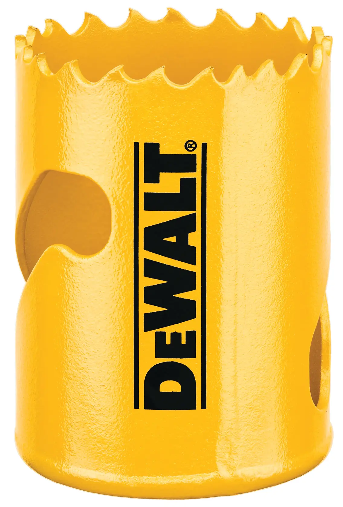 Serra copo cilíndrica amarela com bordas de corte serrilhadas e furos de ventilação, com o logotipo DEWALT em preto.
