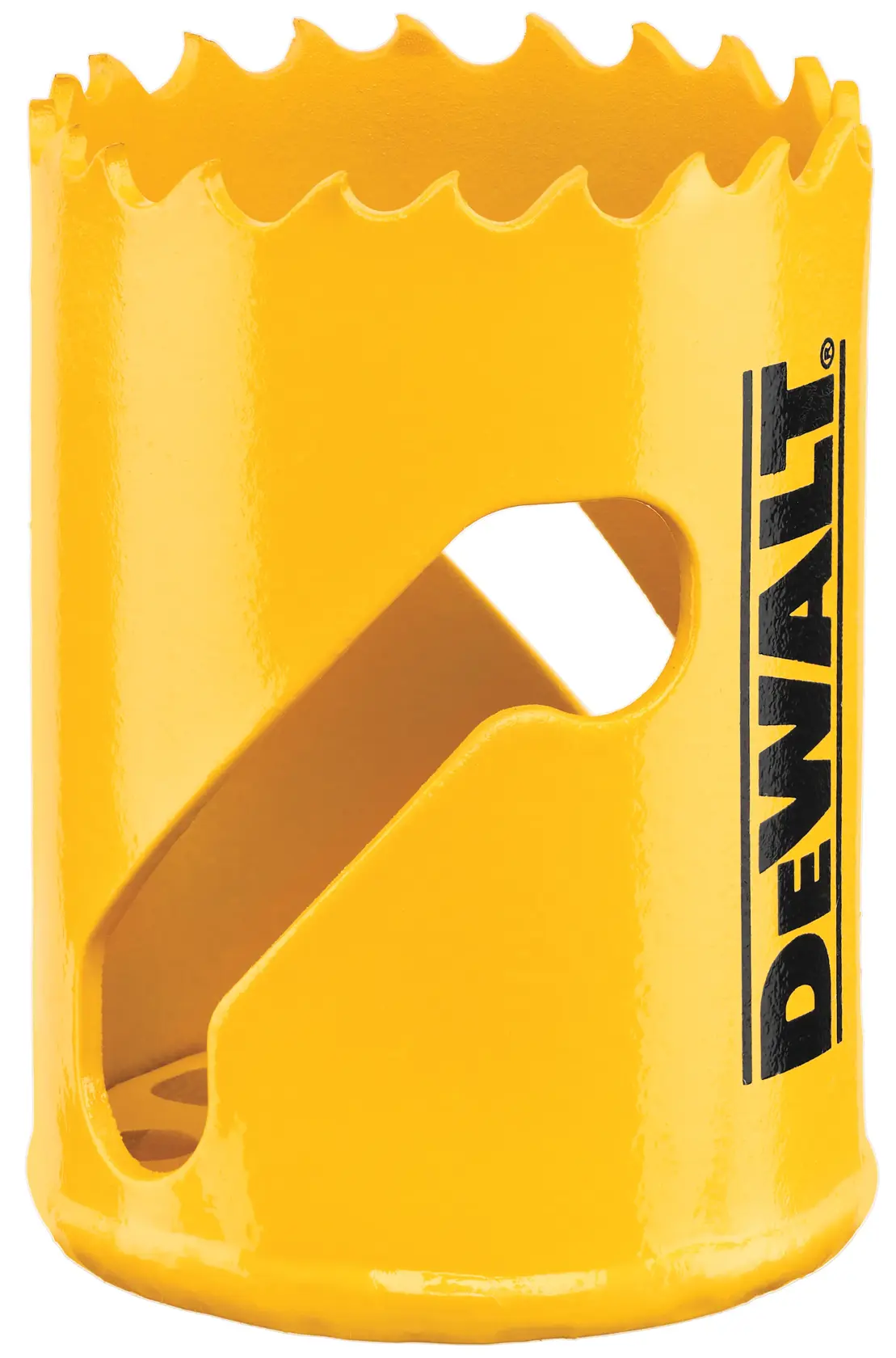 Imagem em close de uma serra copo amarela DEWALT com dentes de serra no topo e o logotipo DEWALT impresso verticalmente na lateral.
