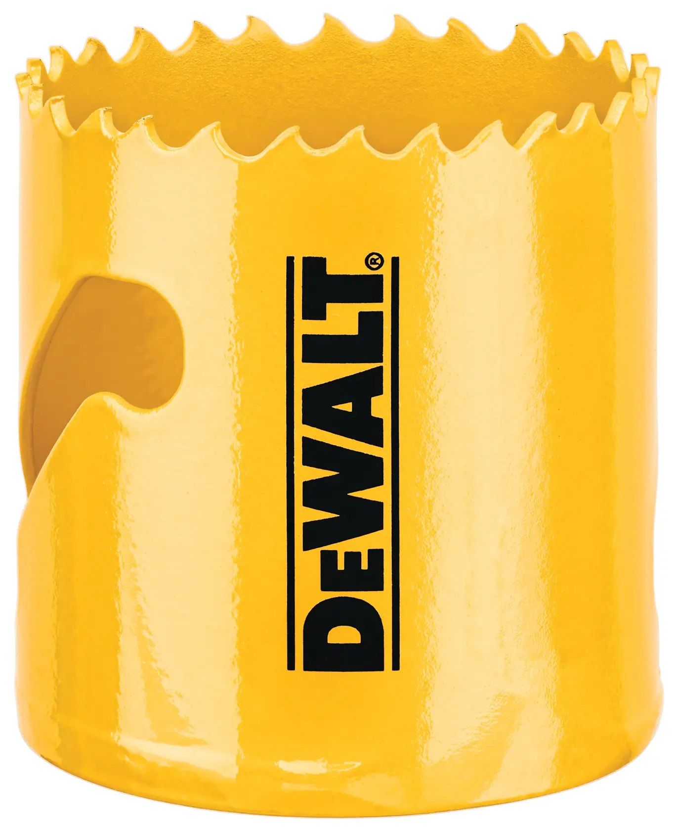 Uma serra copo amarela da DEWALT com bordas serrilhadas, usada para perfurar grandes orifícios circulares em materiais como madeira, metal ou plástico.